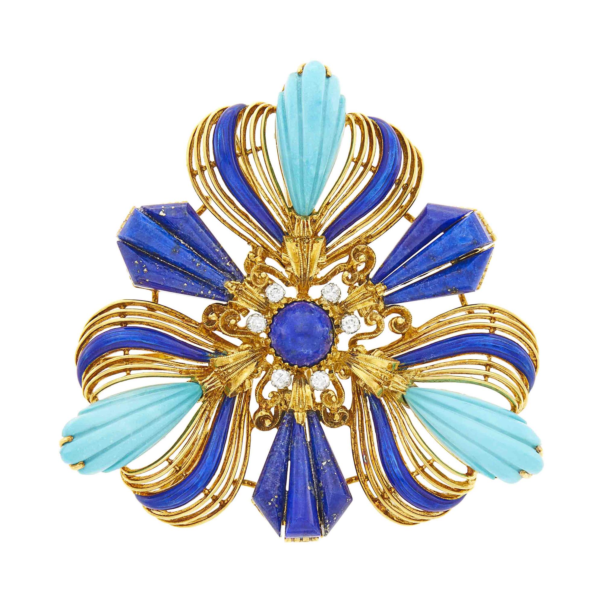 Lot image - Gold, Lapis, Fluted Turquoise, Diamond and Blue Enamel Pendant Clip-Brooch