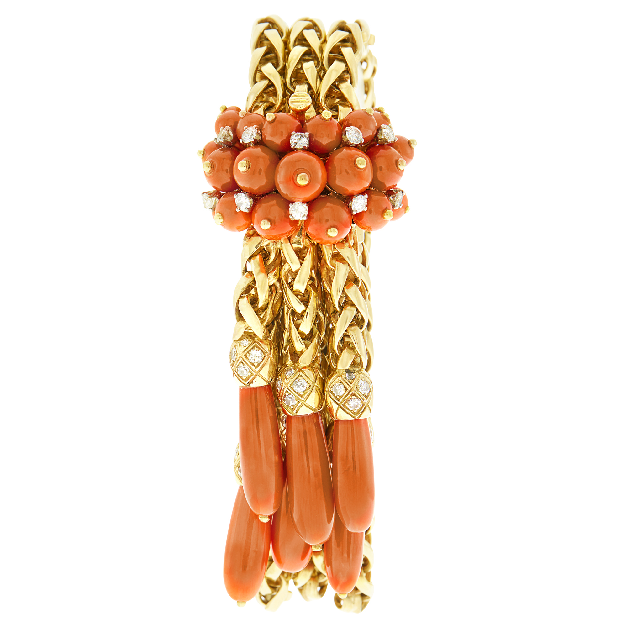 Lot image - Triple Strand Gold, Coral and Diamond Tassle Bracelet