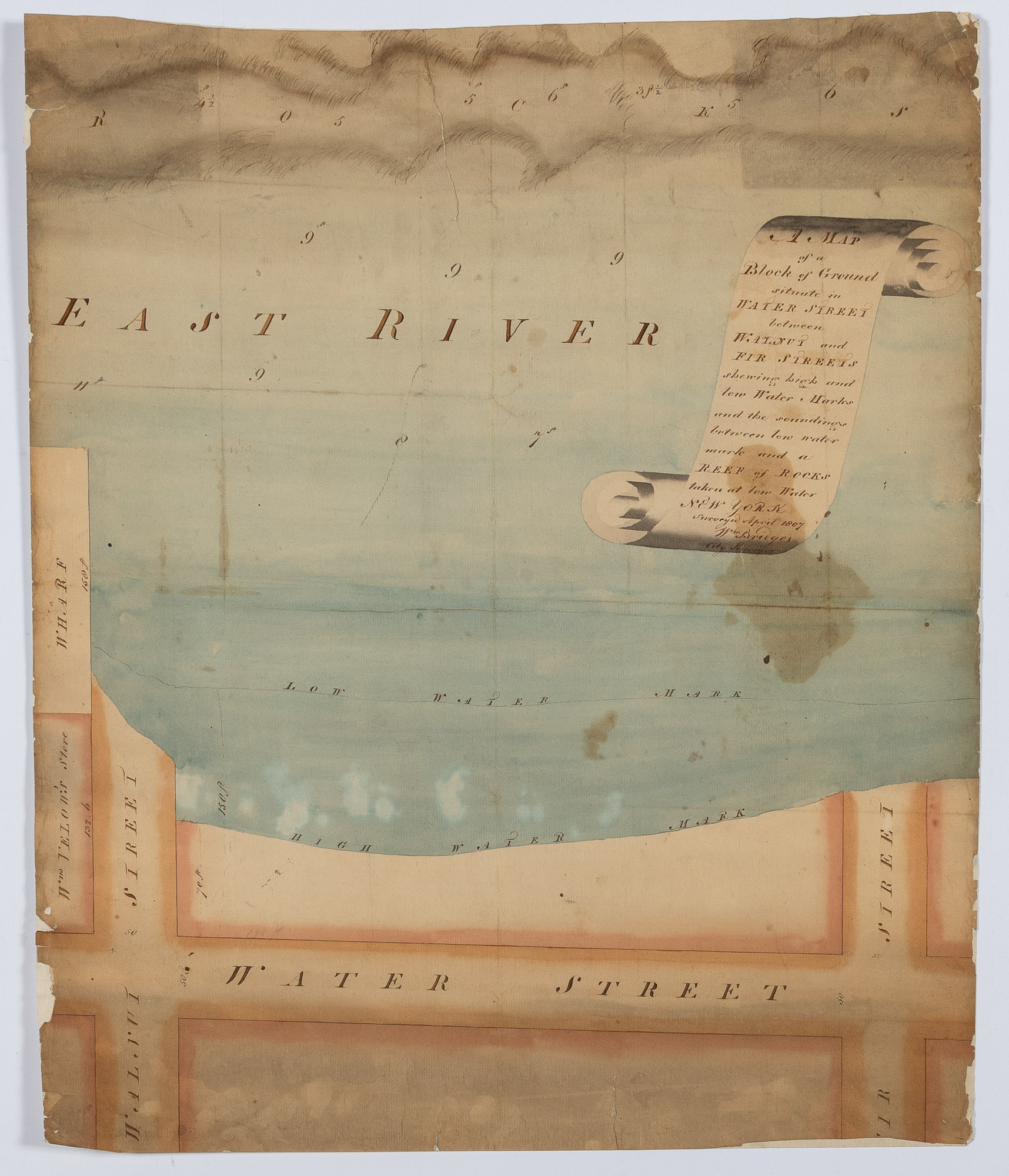 Lot image - BRIDGES, WILLIAM  A Map of a Block of Ground situate in Water Street between Walnut and Fir Streets showing high and low Water Marks and the soundings between low water mark and a Reef of Rocks taken at low Water.