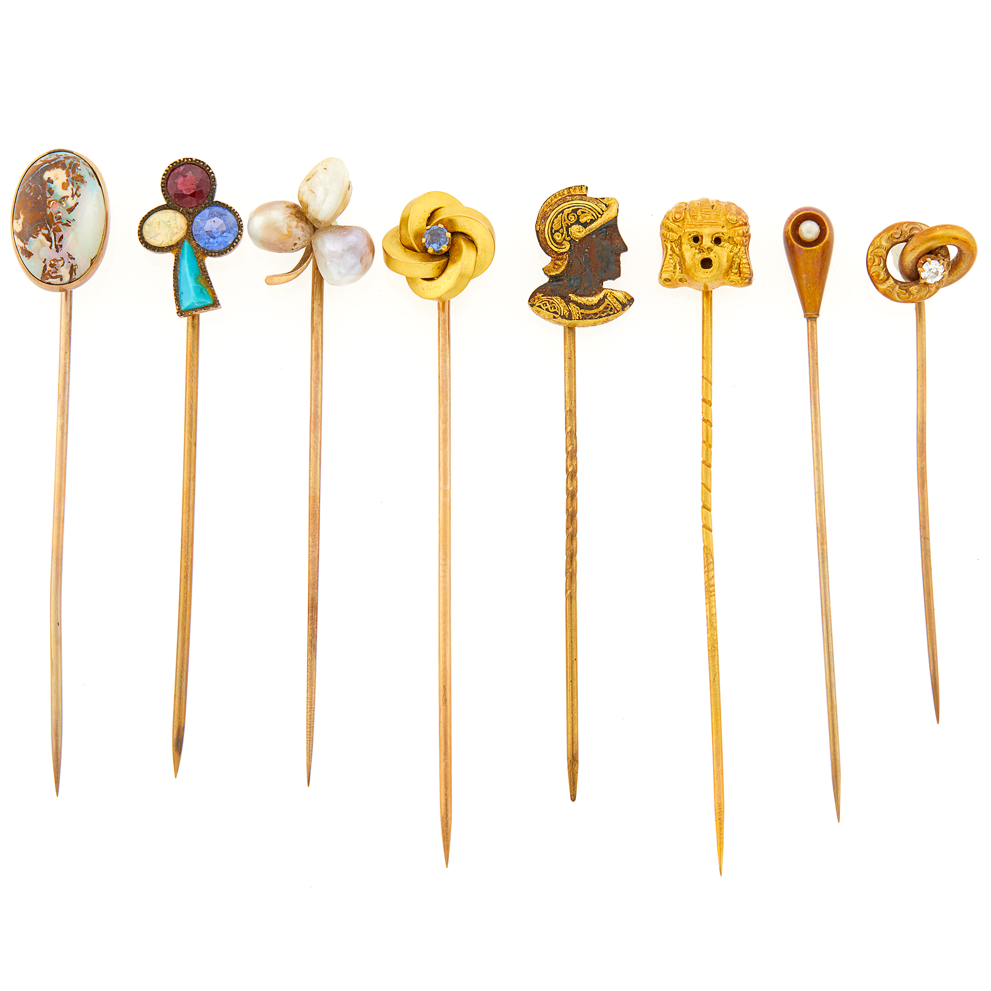 Lot image - Group of Gold, Low Karat Gold and Metal and Gem-Set Stick Pins