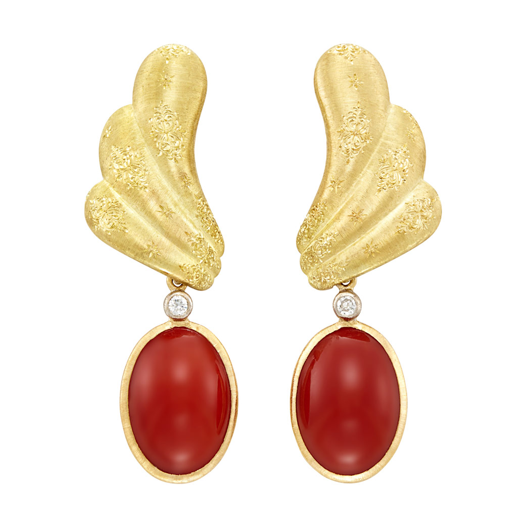 Lot image - Pair of Gold and Oxblood Coral Pendant-Earclips, Mario Buccellati