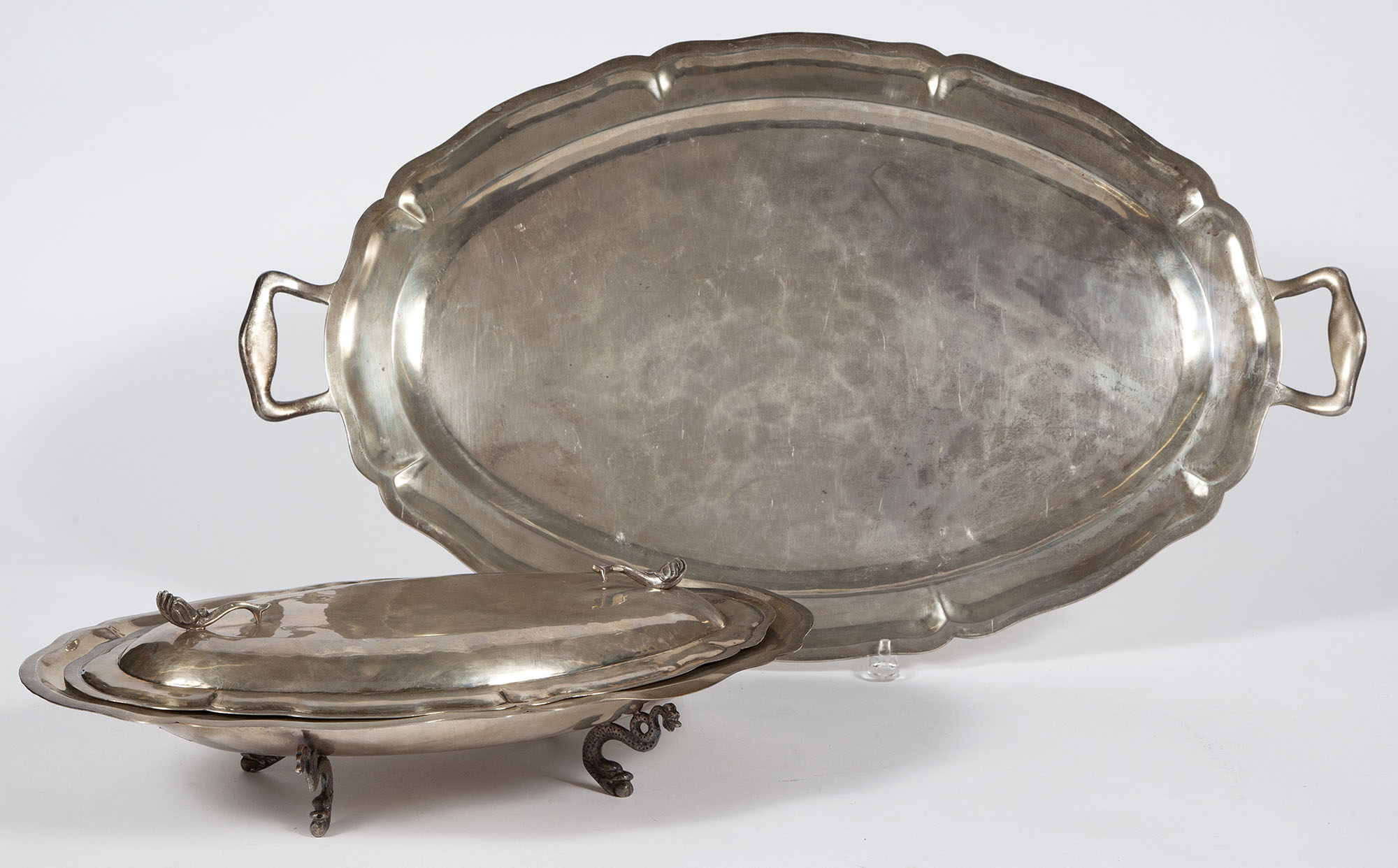 Lot image - Mexican Sterling Silver Covered Footed Serving Dish and Two Handled Tray