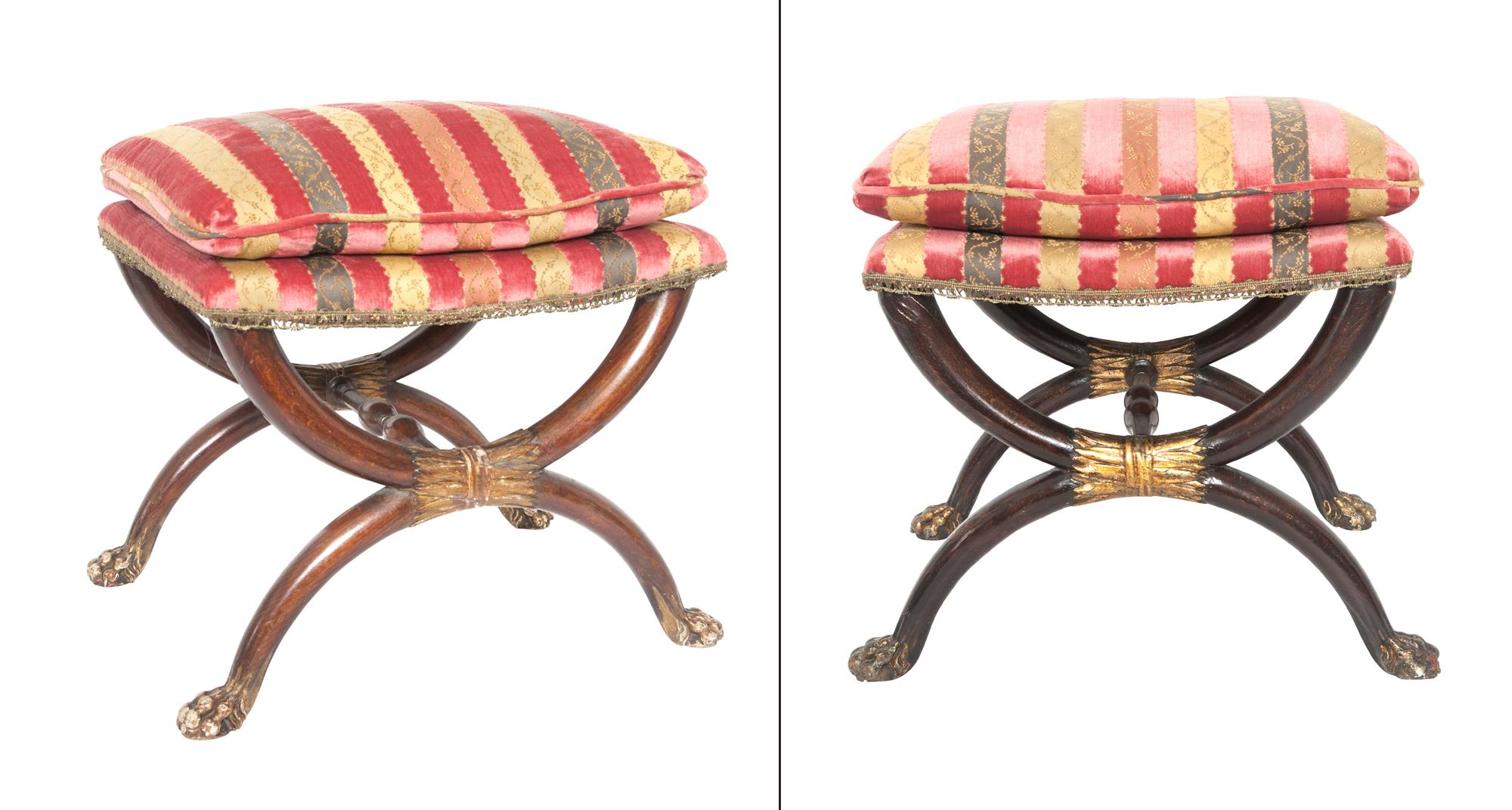 Lot image - Pair of Neoclassical Faux-Grained and Parcel-Gilt Velvet-Upholstered Curule Stools