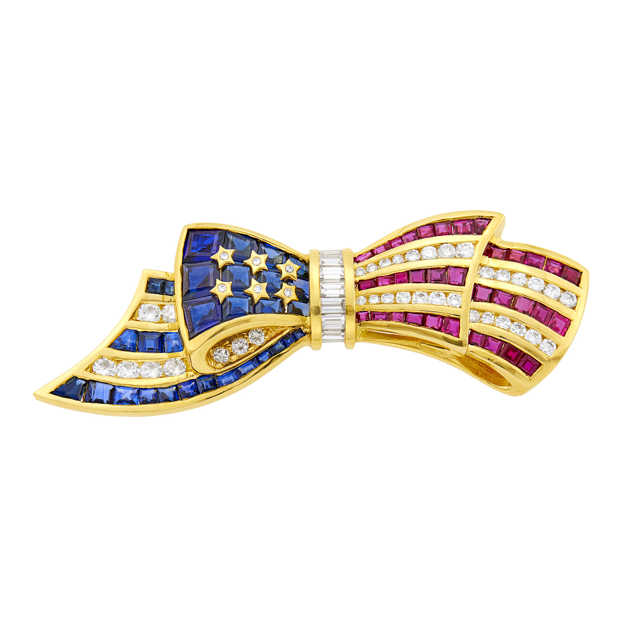Lot image - Gold, Ruby, Sapphire and Diamond American Flag Ribbon Brooch