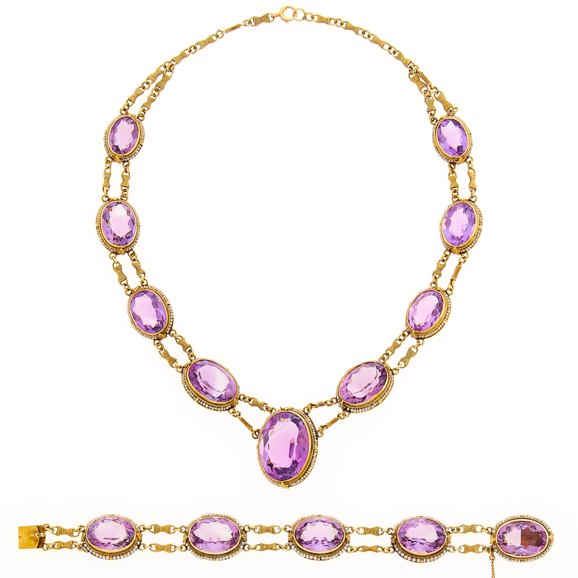 Lot image - Antique Gold, Amethyst and Seed Pearl Necklace and Bracelet