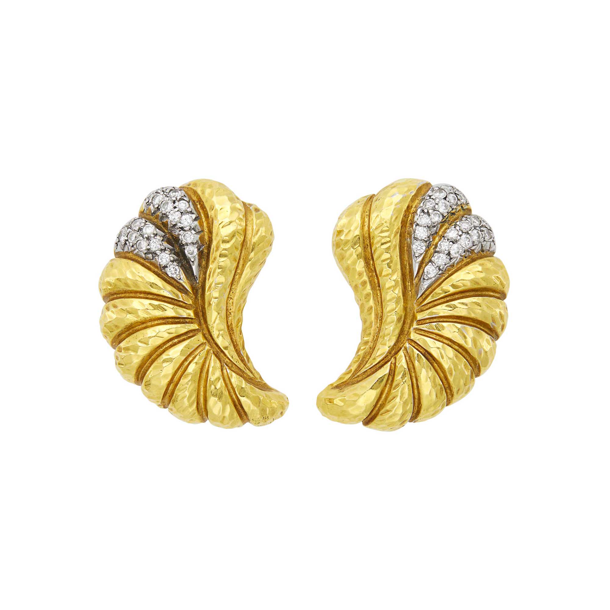 Lot image - Pair of Hammered Gold, White Gold and Diamond Earclips