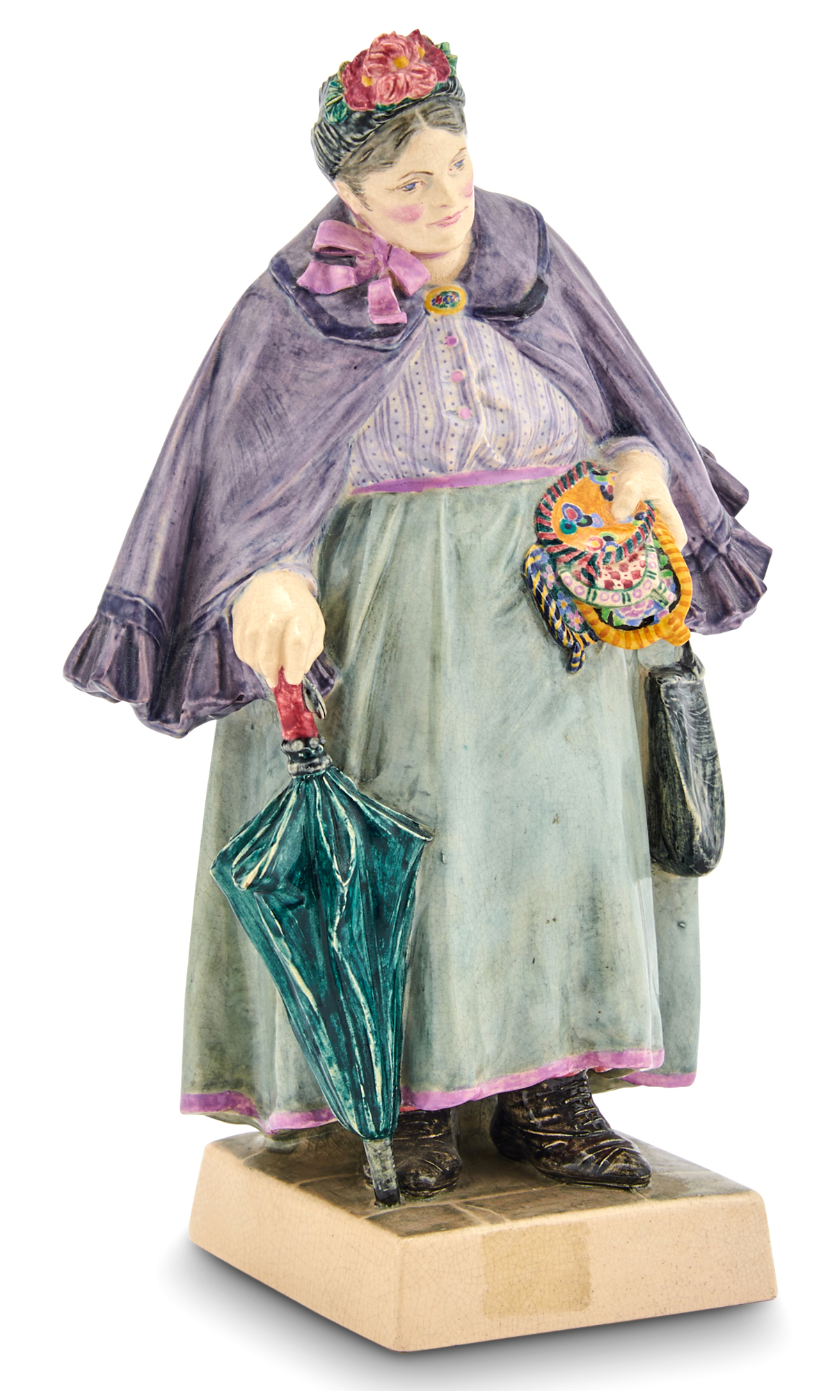 Lot image - Charles Vyse Chelsea Pottery Figure of Woman with Umbrella and Kettle Holders