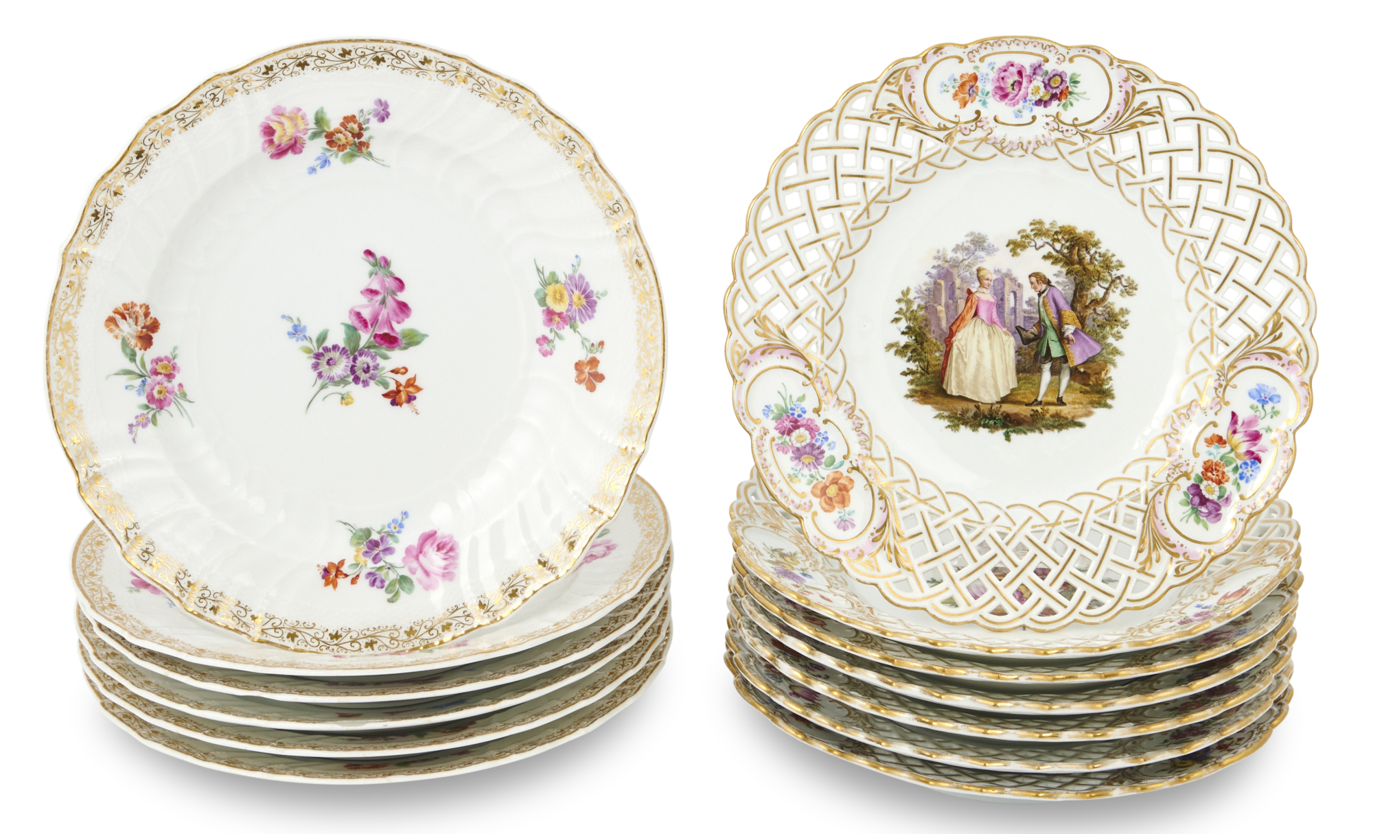 Lot image - Set of Six KPM Porcelain Ozier-Molded Floral and Gilt Dinner Dishes