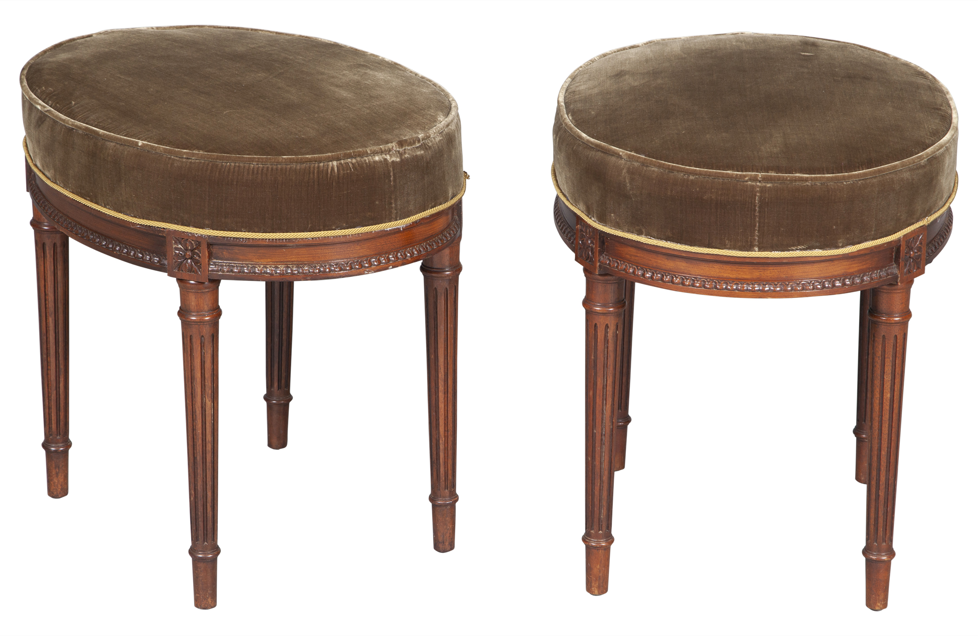 Lot image - Pair of Louis XVI Style Velvet Upholstered Mahogany Stools