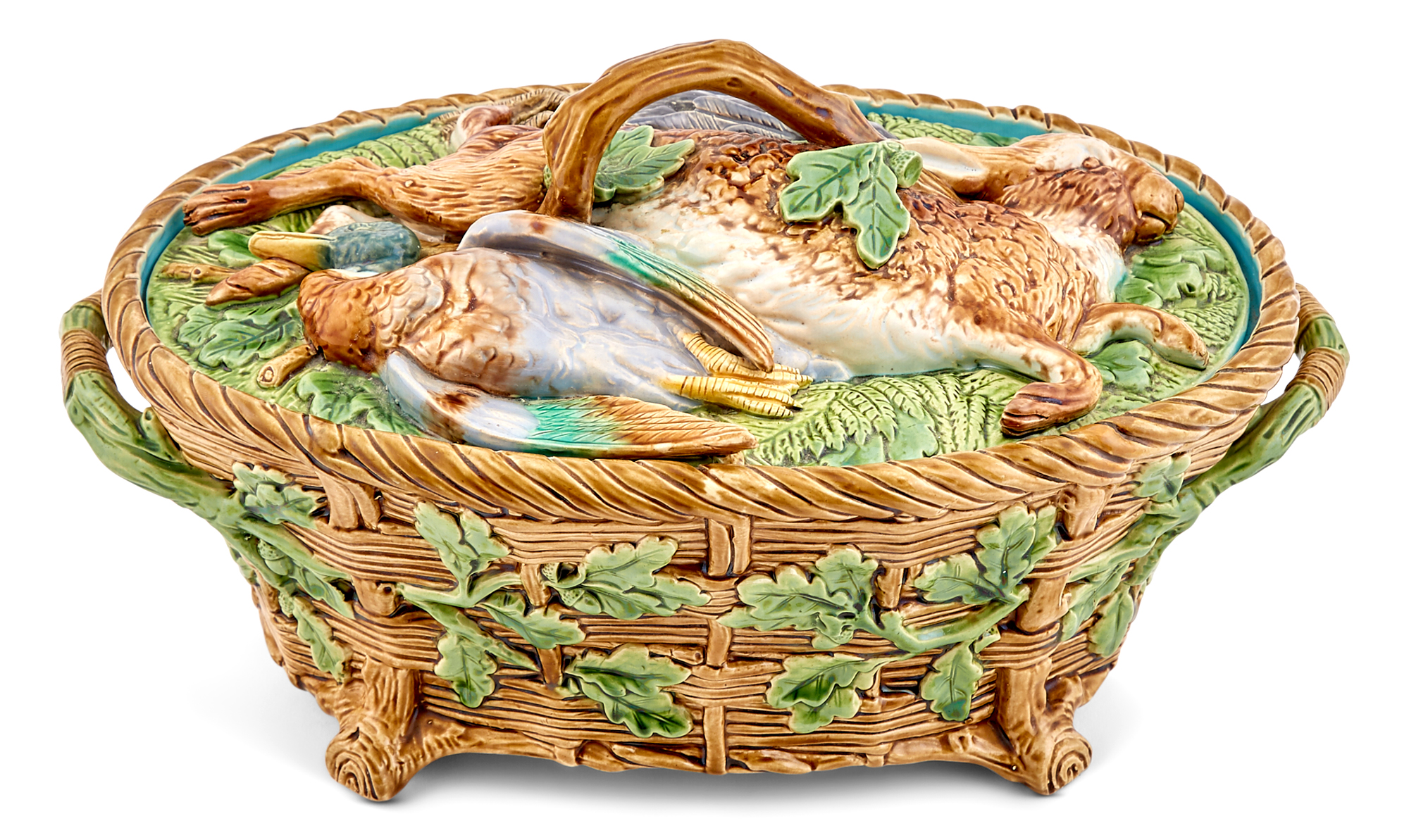 Lot image - Minton & Co. Majolica Oval Game-Pie Dish and Cover With Duck, Pigeon and Hare With Twig-Form Handles