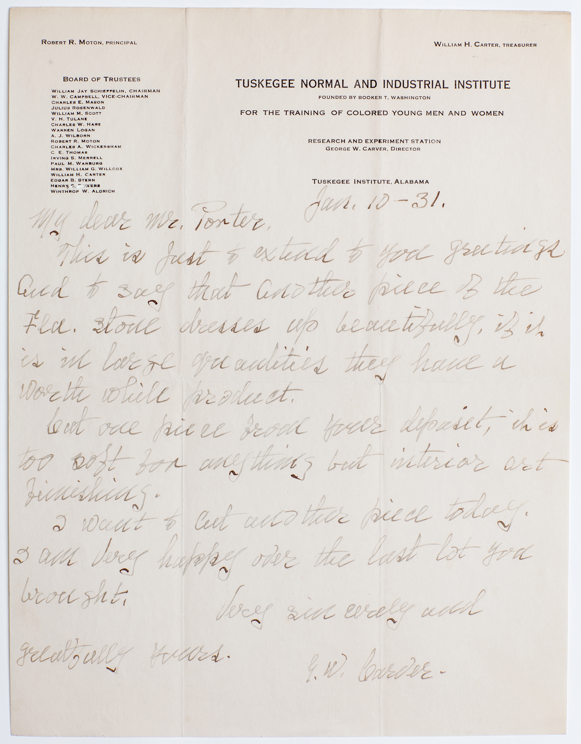 Lot image - CARVER, GEORGE WASHINGTON  Autograph letter signed.