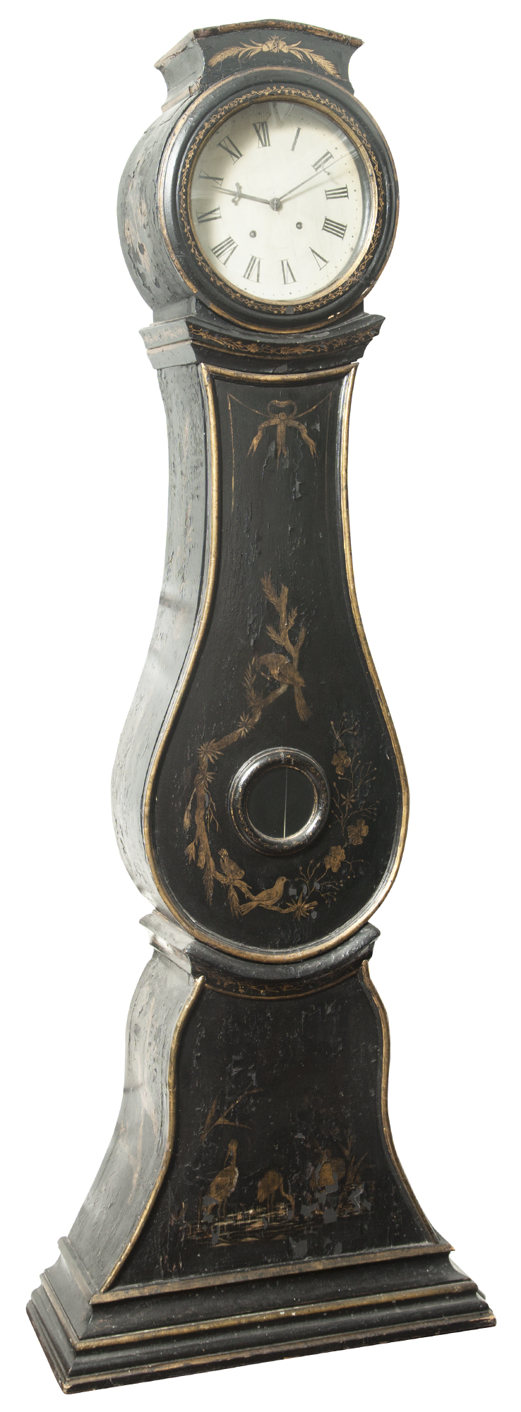 Lot image - Swedish Mora Black-Painted and Parcel-Gilt Chinoiserie-Decorated Longcase Clock