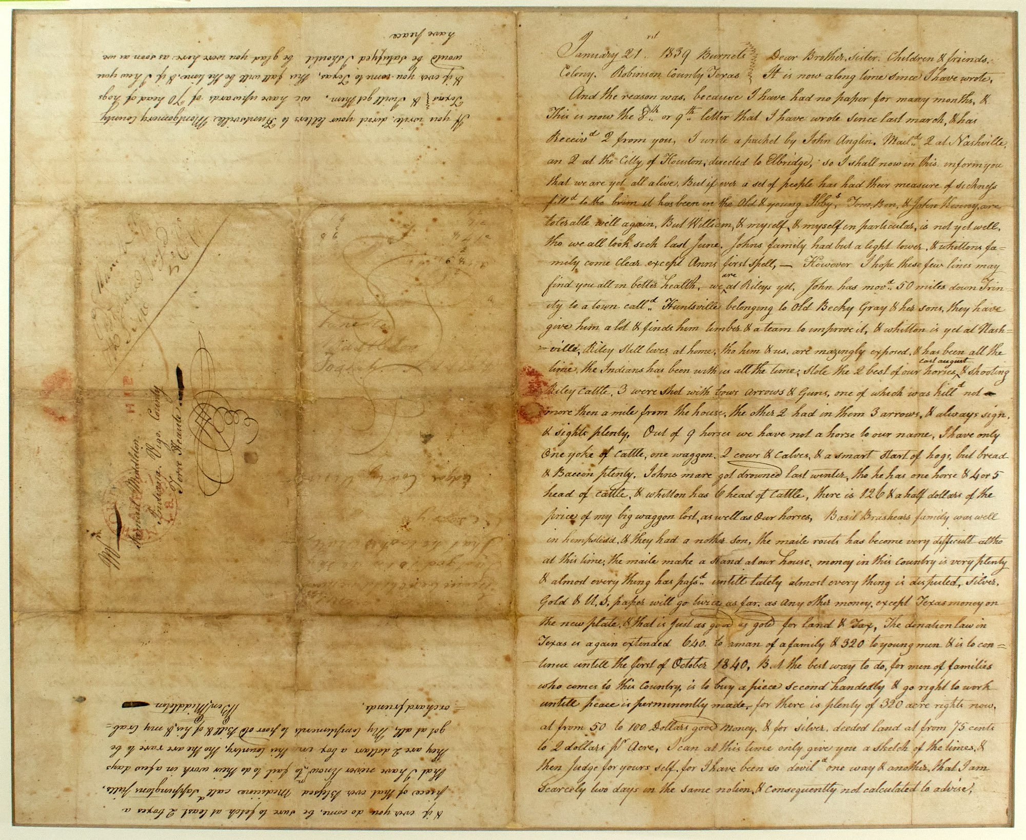 Lot image - [TEXAS FRONTIER]  Autograph letter signed from Benjamin Middleton to his brother Samuel Middleton of Terre Haute, Indiana, written January 21, 1839 from Burnets Colony, Robinson County, Texas.