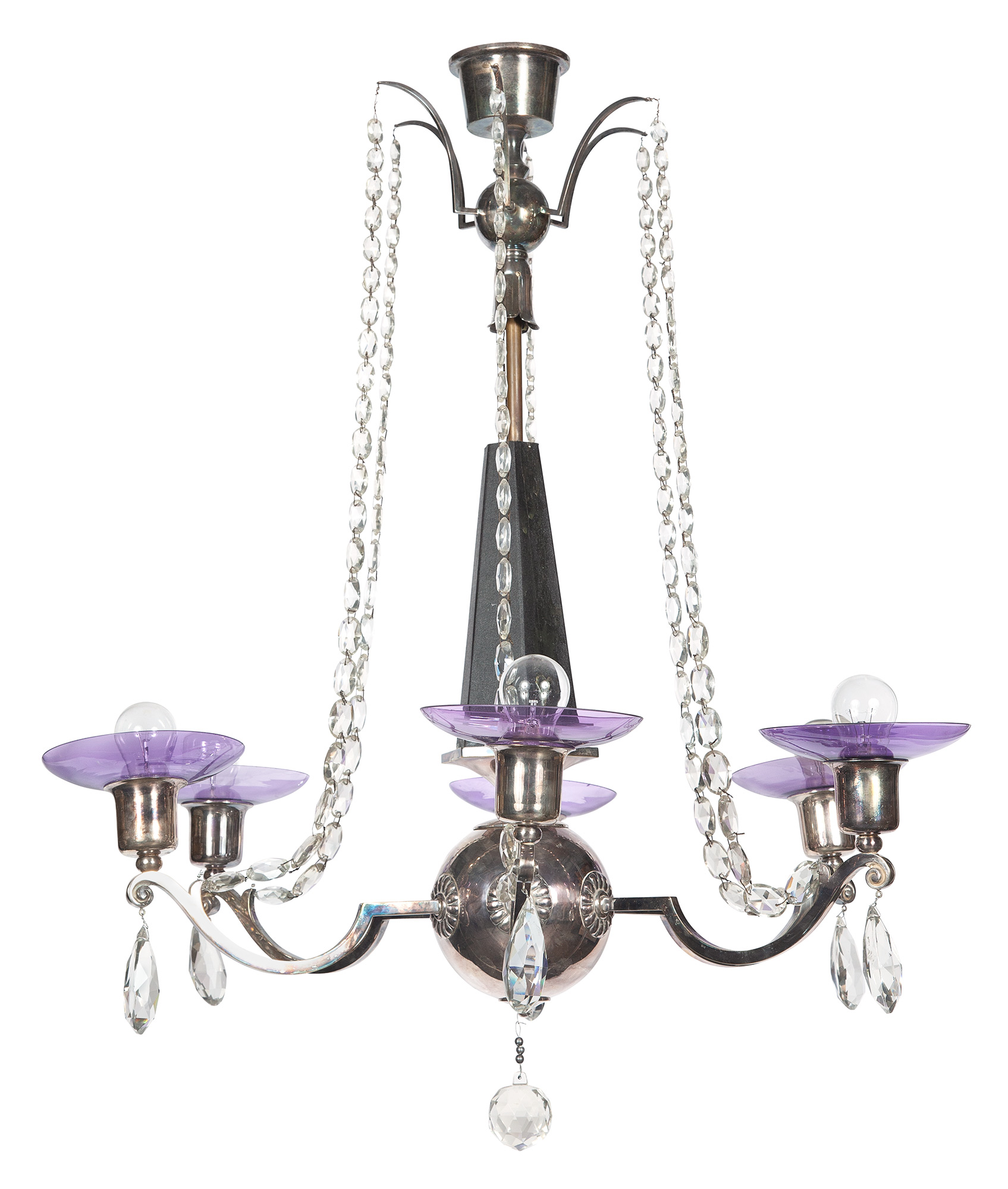 Lot image - Swedish Silvered Metal and Glass Six-Light Chandelier