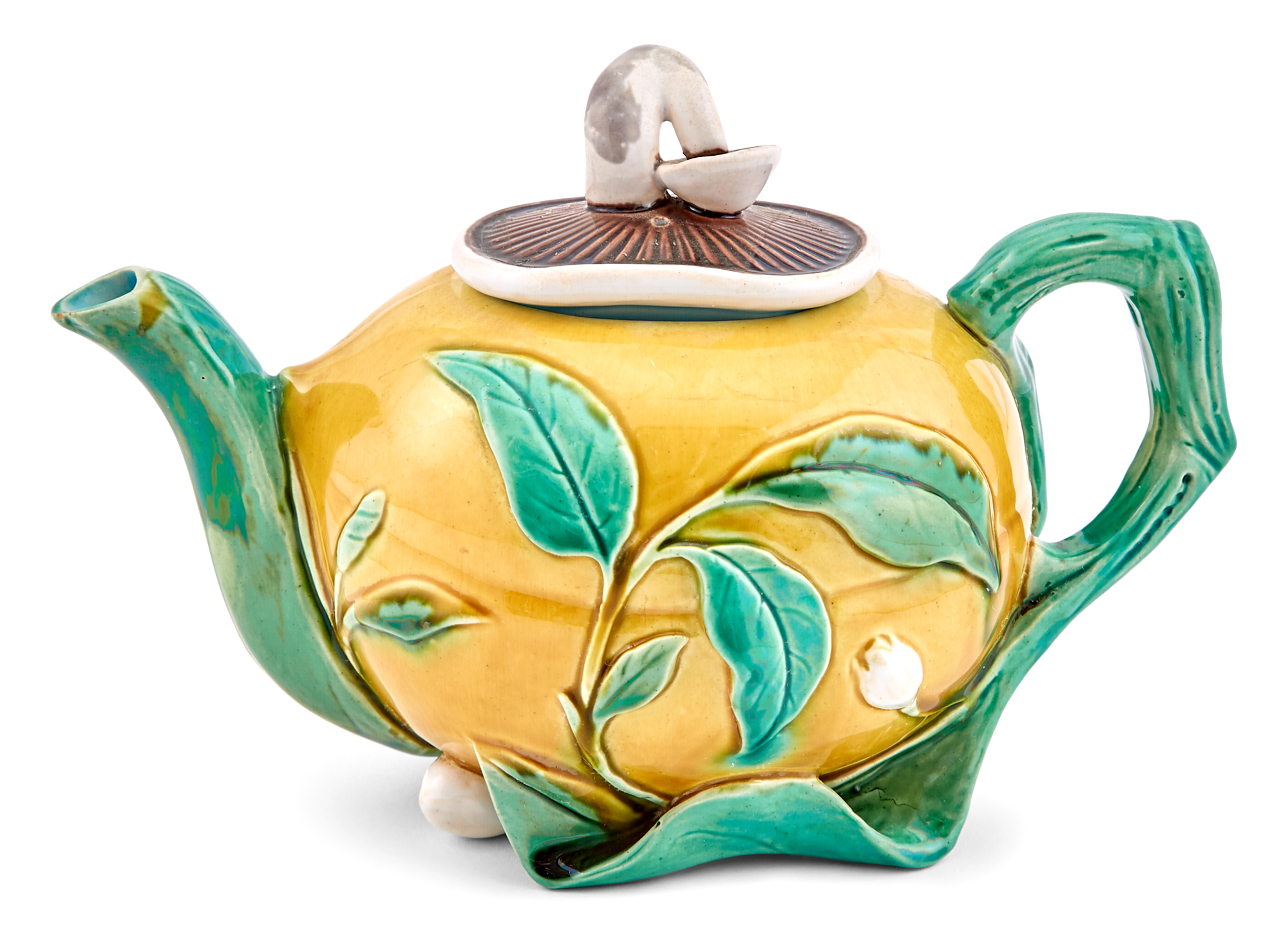 Lot image - Minton & Co. Majolica Melon-Form Yellow-Ground Teapot With Green Twig Handle and Inverted Mushroom Cover