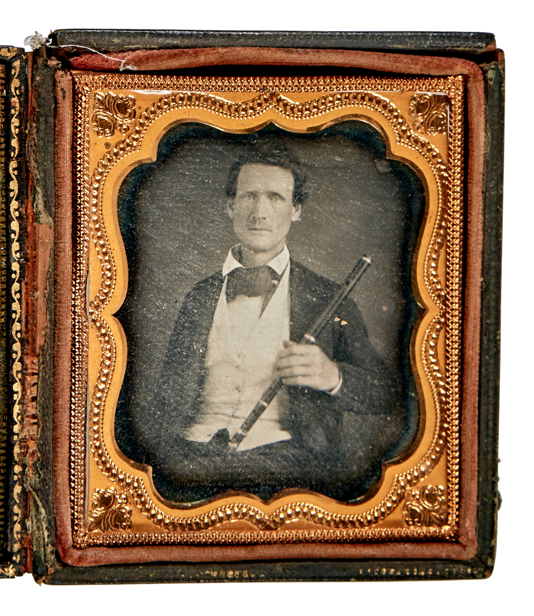 Lot image - [DAGUERREOTYPE-MUSICIANS]  Daguerreotype of a flautist.