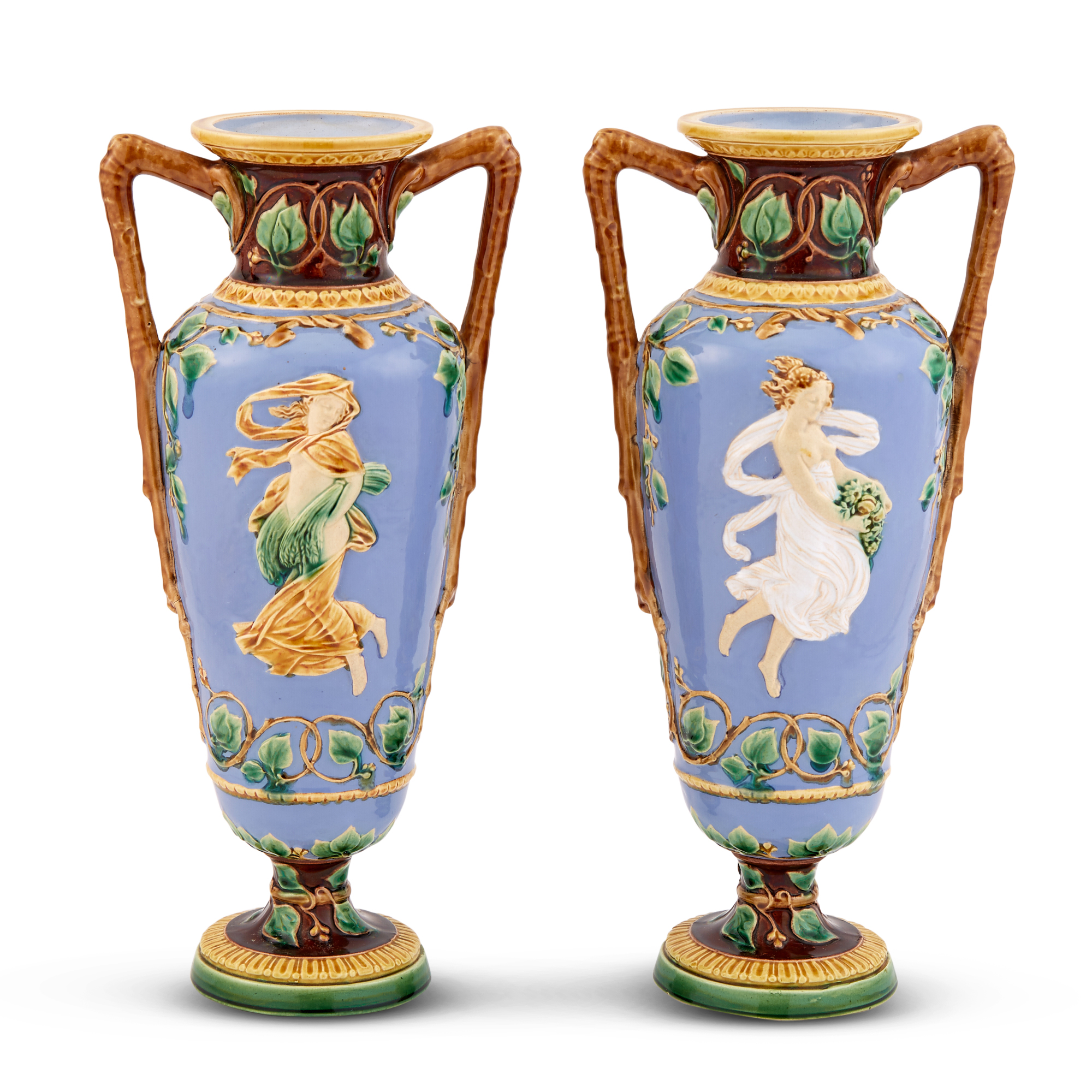 Lot image - Pair of Minton & Co. Majolica Allegorical Blue-Ground Double Sided Two-Handled Footed Vases Emblematic of The Four Seasons