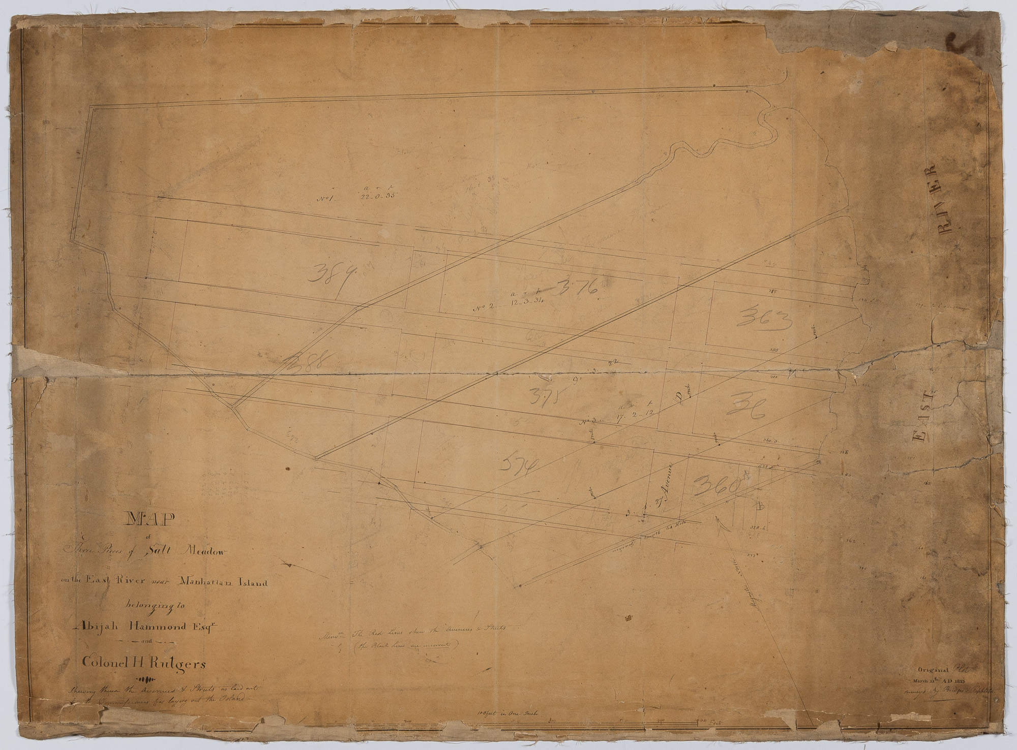 Lot image - BRIDGES & POPPLETON  Map of Three Pieces of Salt Meadow on the East River near Manhattan Island belonging to Abijah Hammond Esqr. and Colonel H. Rutgers shewing therein the Avenues & Streets as laid out by the Commissioners for laying out the Island.