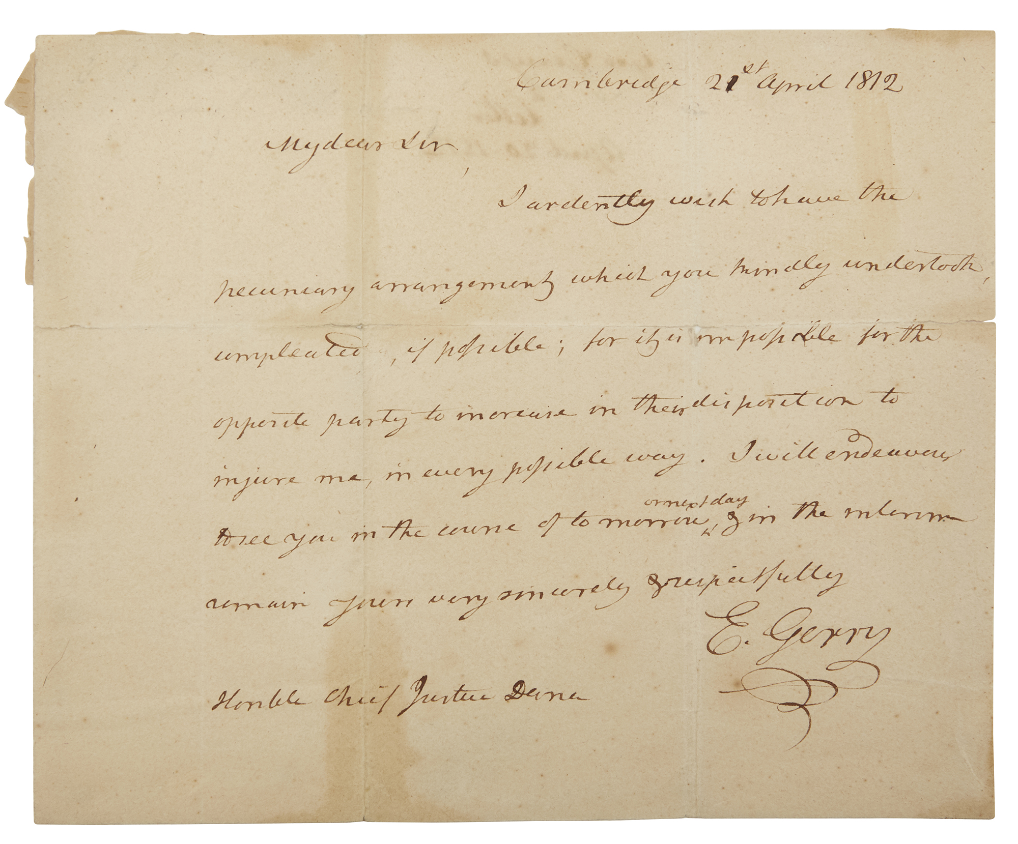 Lot image - GERRY, ELBRIDGE  Autograph letter signed.