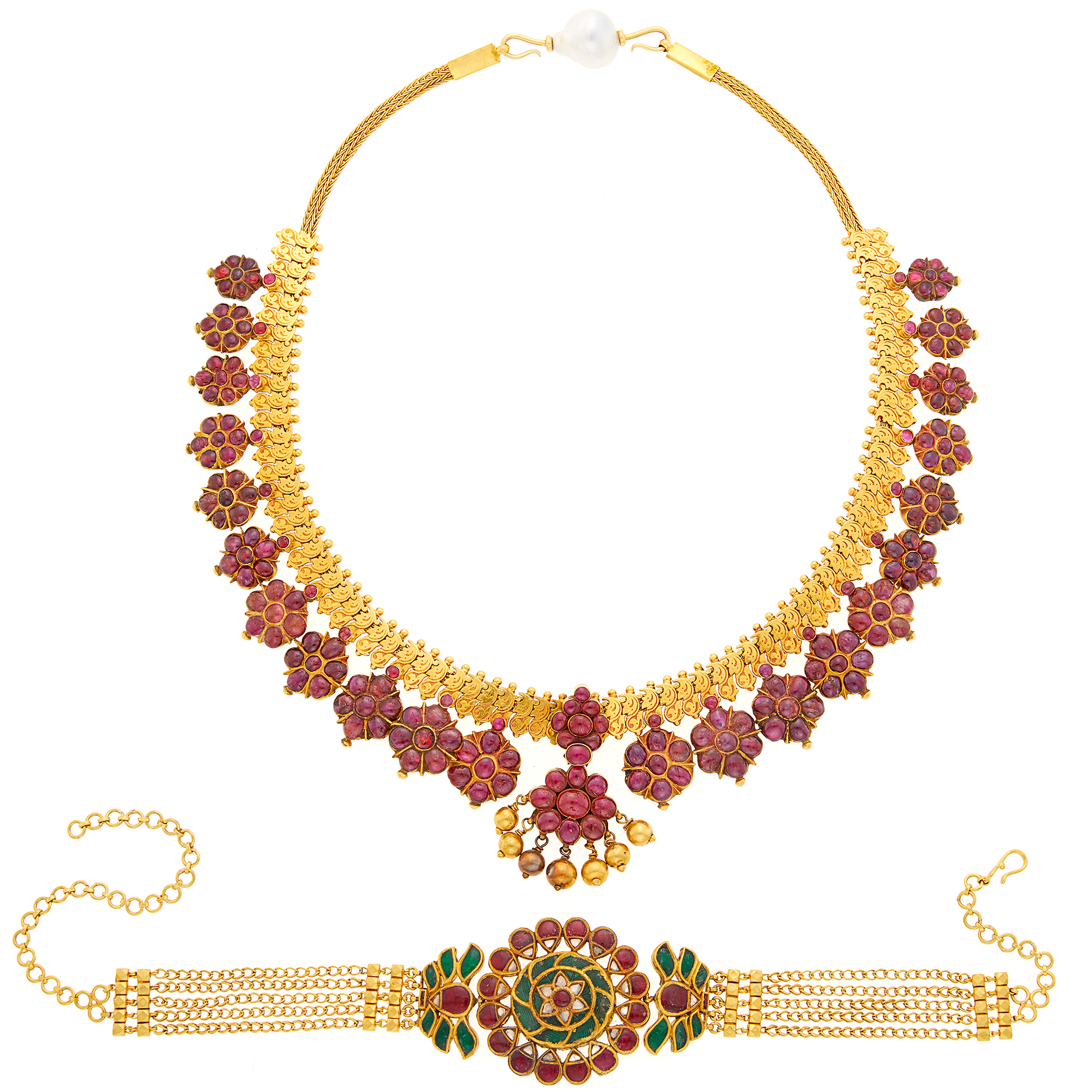 Lot image - Indian Gold, Foil-Backed Ruby and Baroque South Sea Cultured Pearl Necklace and Five Strand Foil-Backed Gem-Set Choker Necklace