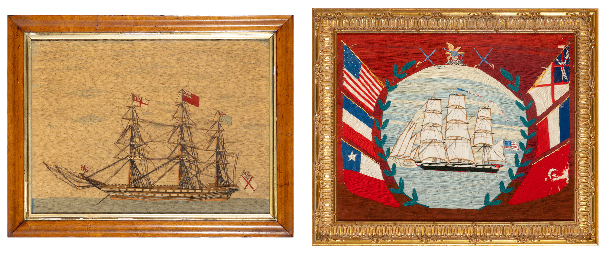 Lot image - Two British Sailors Woolwork Ship Pictures