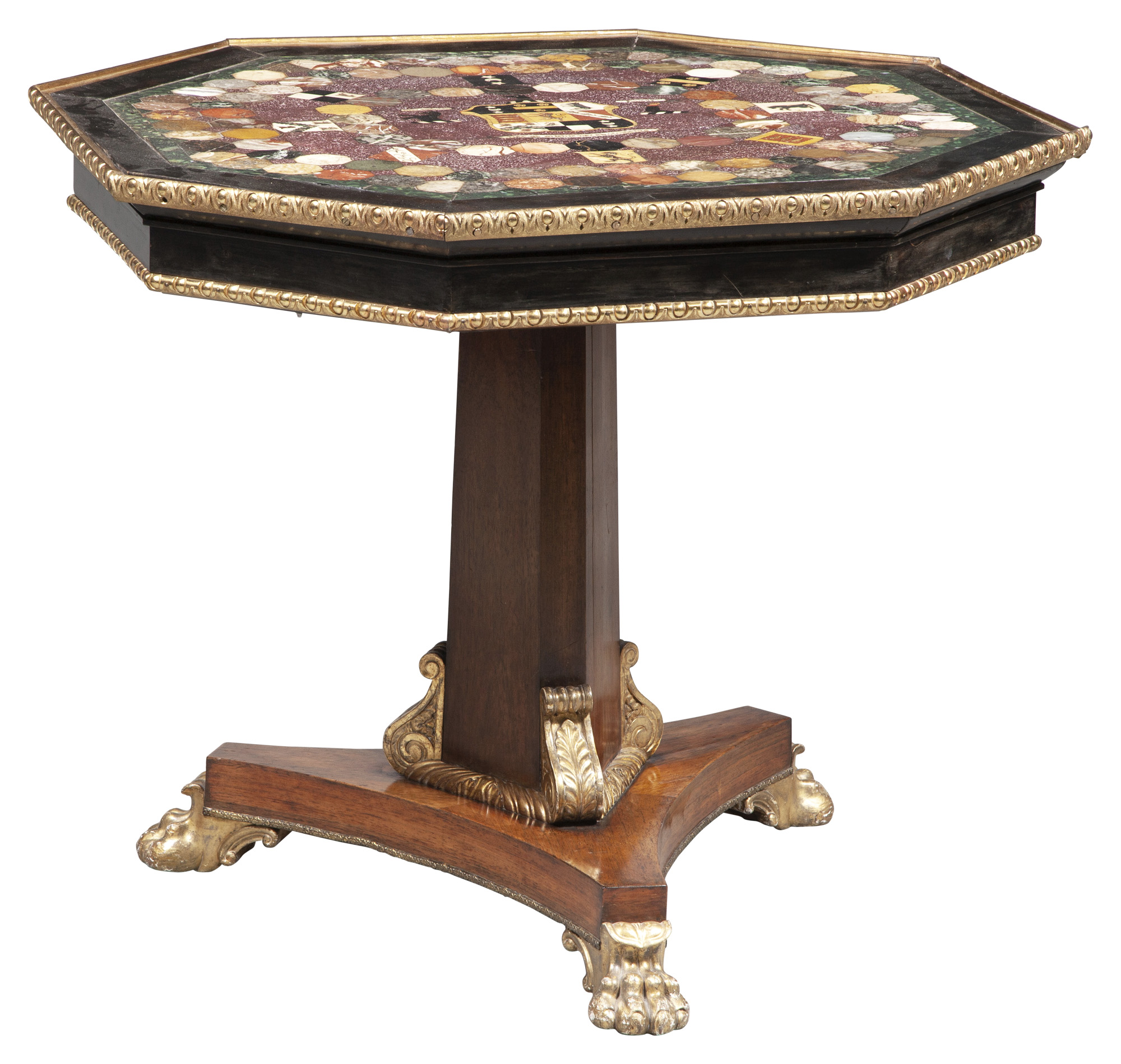 Lot image - Fine Regency Gilt-Bronze Mounted and Parcel-Gilt Rosewood Marble and Porphyry Inlaid Specimen Table