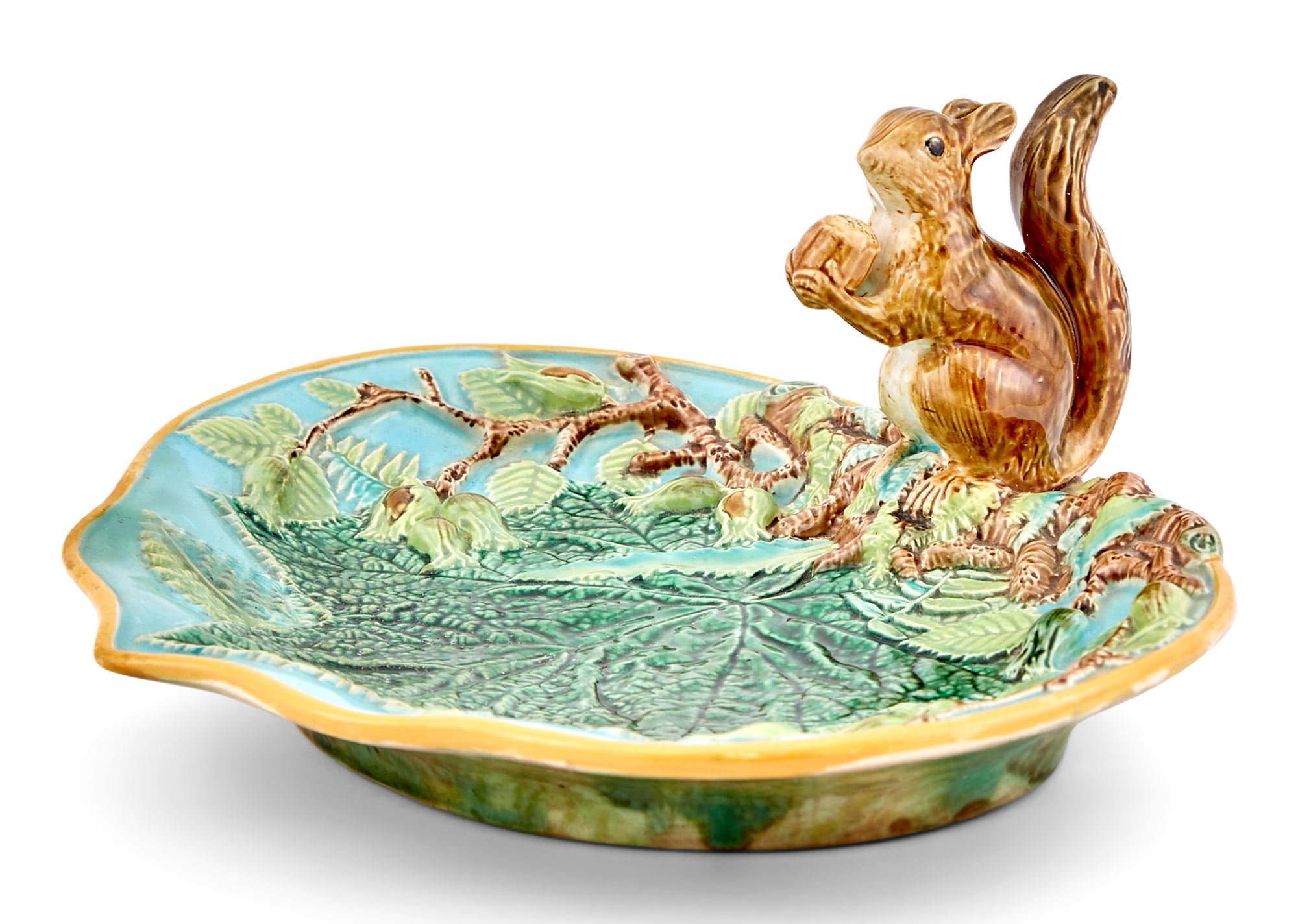 Lot image - George Jones & Sons Majolica Nut Dish With Squirrel Handle