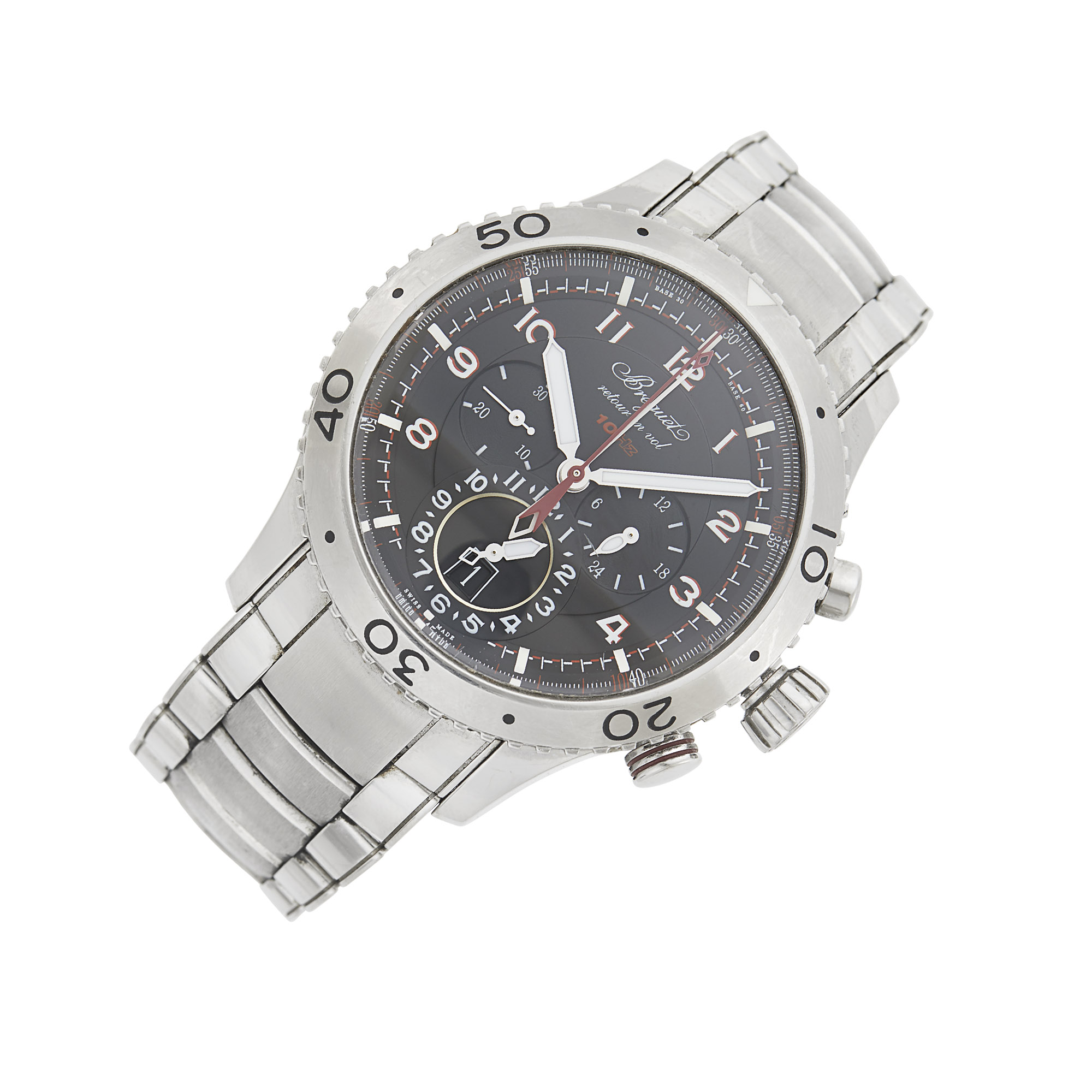 Lot image - Breguet Gentlemans Stainless Steel Type XXII Retour en Vol 10Hz Flyback Dualtime Chronograph Wristwatch, Ref. 3880