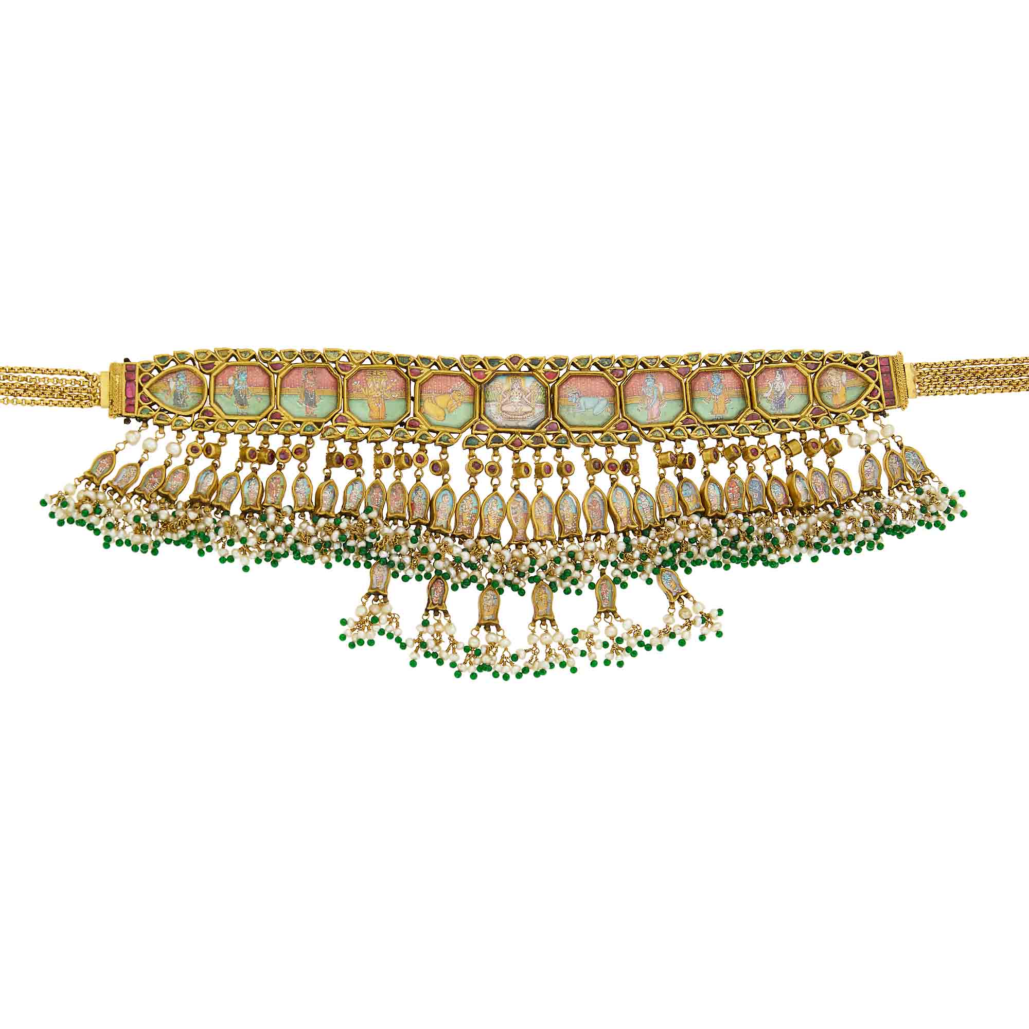 Lot image - Indian Gold, Painted Hindu Diety, Enamel, Foil-Backed Ruby, Freshwater Pearl and Green Glass Bead Fringe Necklace