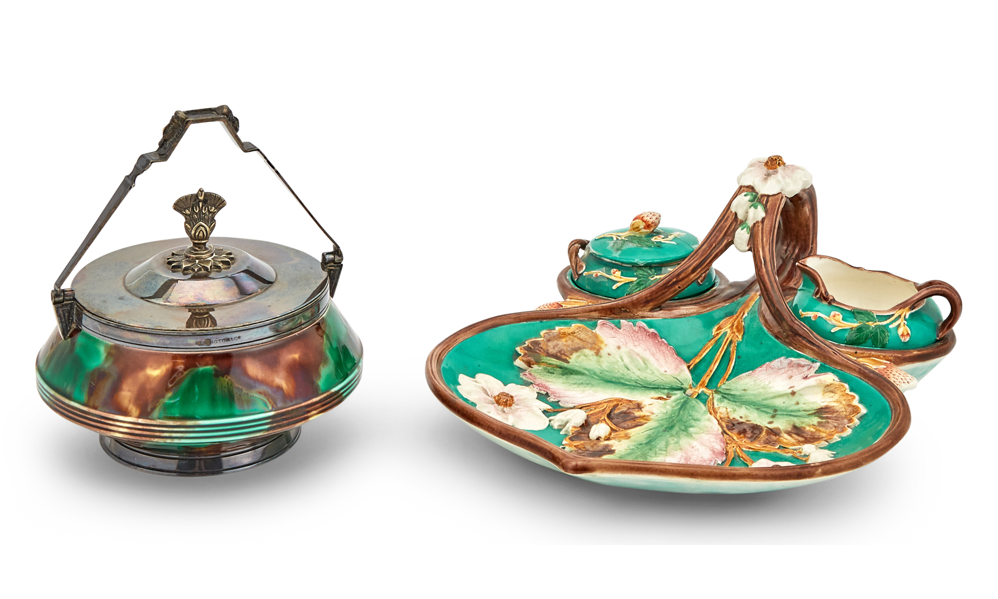 Lot image - Wedgwood Majolica Three-Piece Strawberry Server Together With a Wedgwood Egyptian Revival Metal-Mounted Brown and Green Glazed Majolica Jar