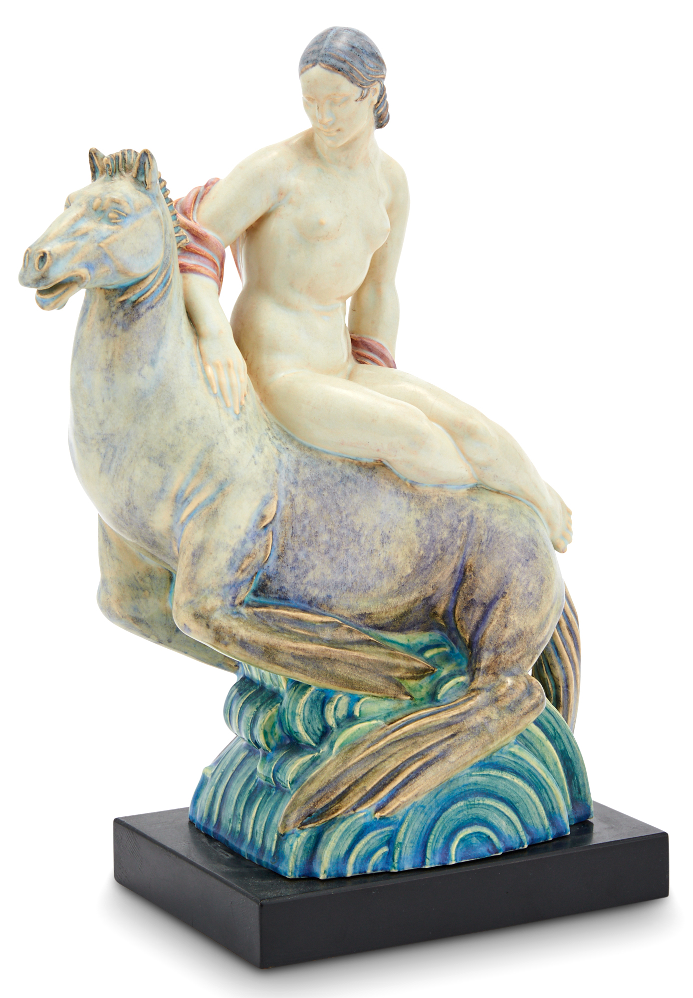 Lot image - Charles Vyse Chelsea Pottery Figural Group of a Woman Riding a Hippocampus