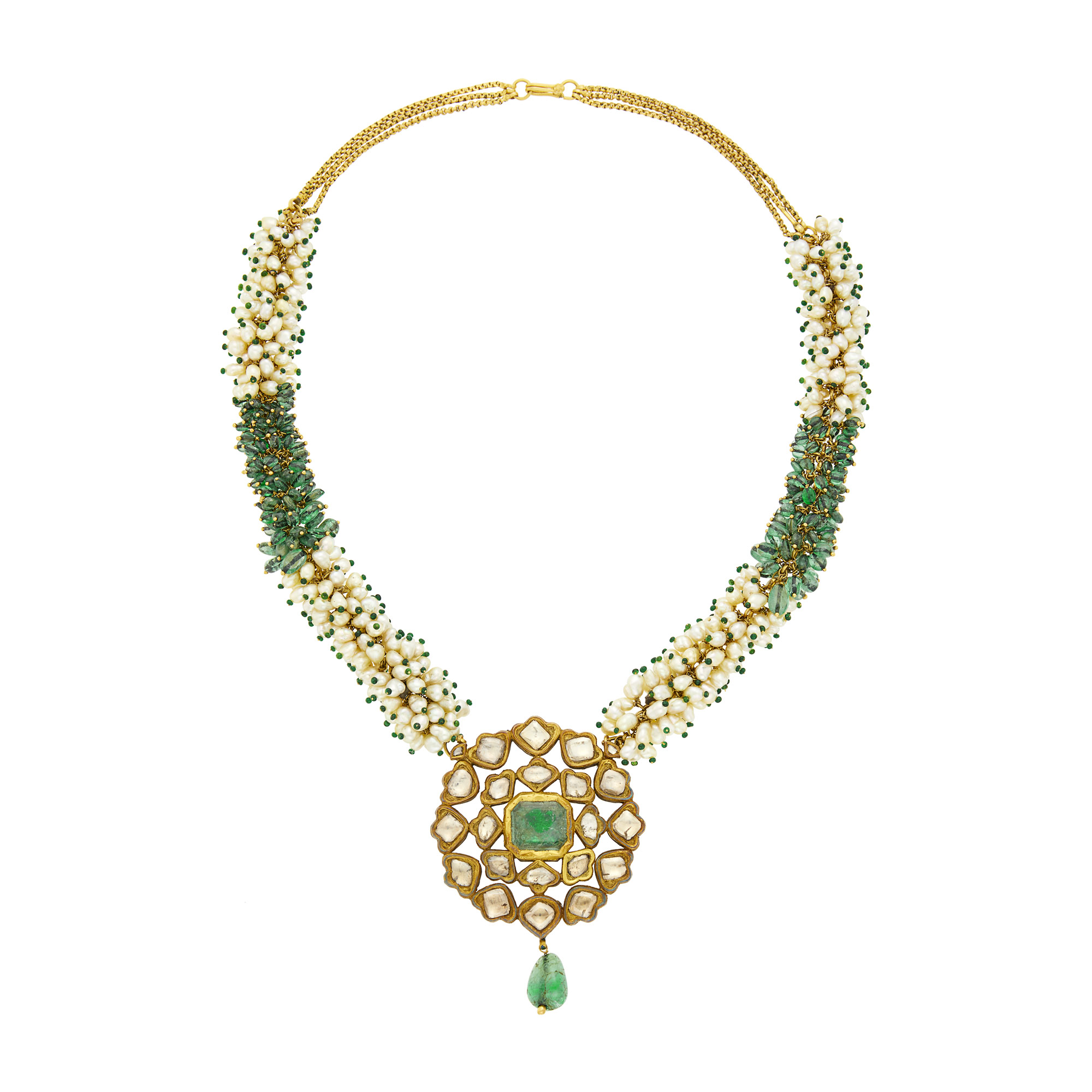 Lot image - Indian Gold, Foil-Backed Emerald and Diamond, Emerald Bead, Freshwater Pearl and Jaipur Enamel Pendant-Necklace