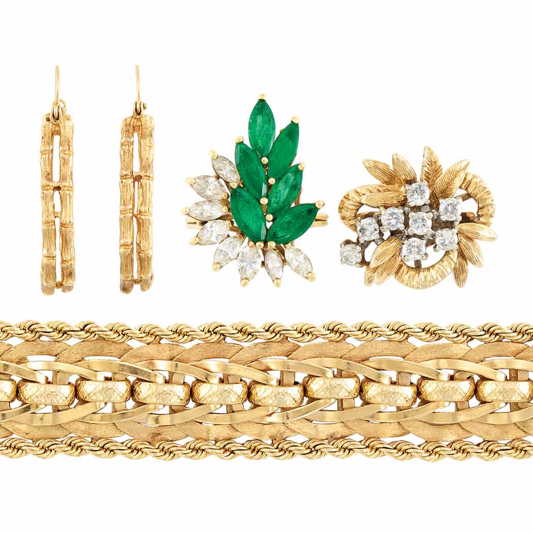 Lot image - Gold Bracelet, Two Emerald and Diamond Rings and Pair of Bamboo Hoop Earrings