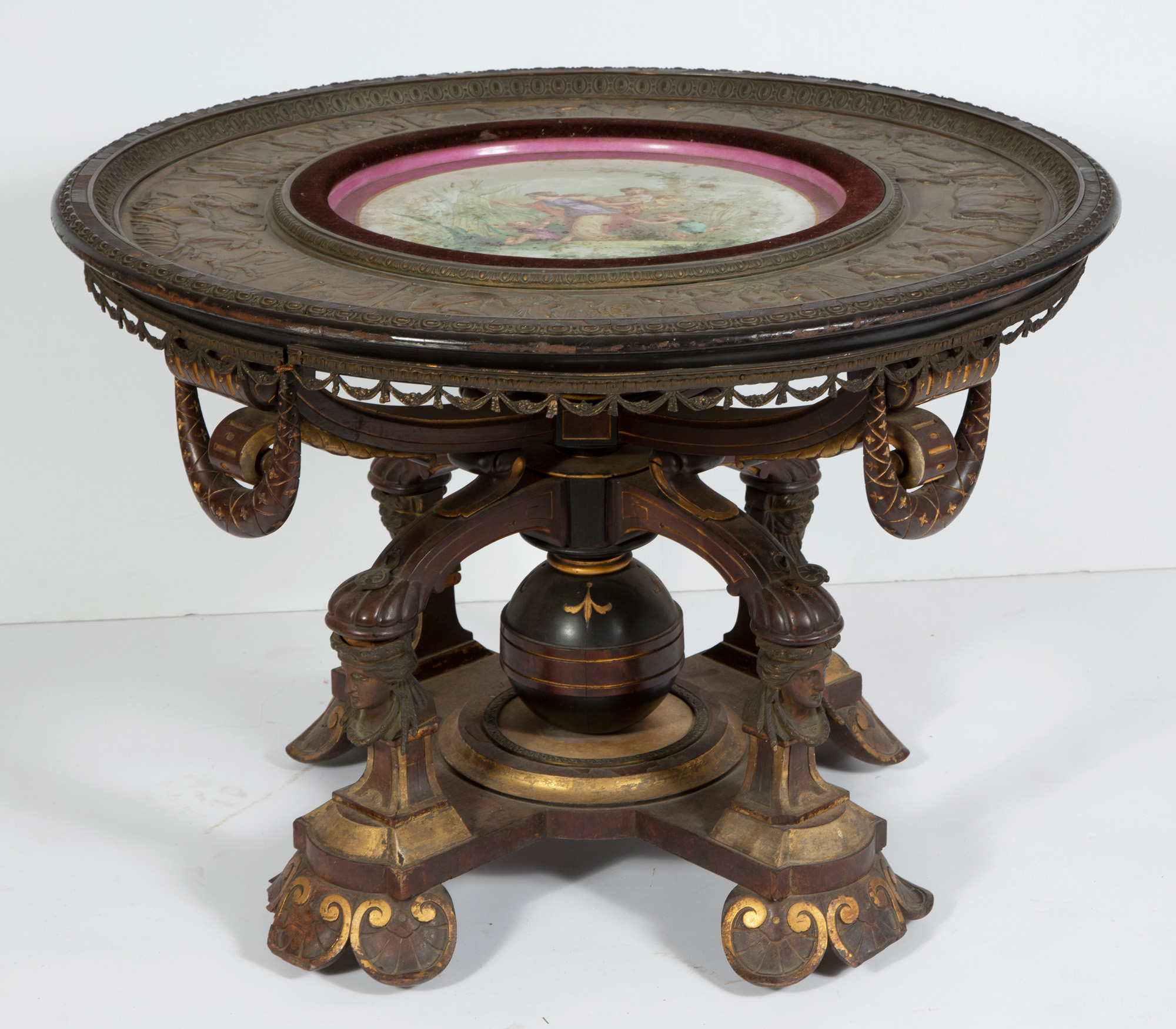 Lot image - Renaissance Revival Carved and Parcel Gilt Rosewood and Cast Bronze Center Table