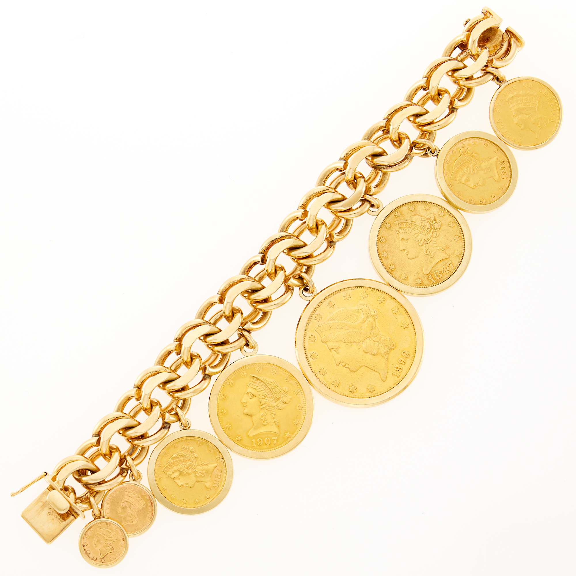 Lot image - Gold Curb-Link Bracelet with 8 Gold American Coins