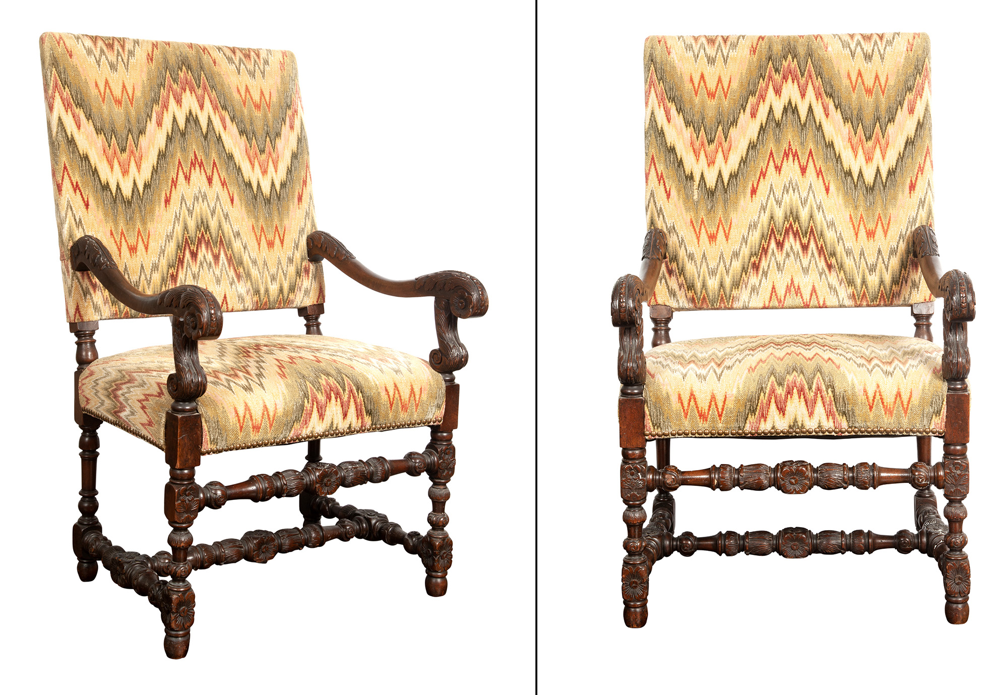 Lot image - Pair of Louis XIV Style Walnut and Rubelli Flame Stitch Fabric-Upholstered Armchairs