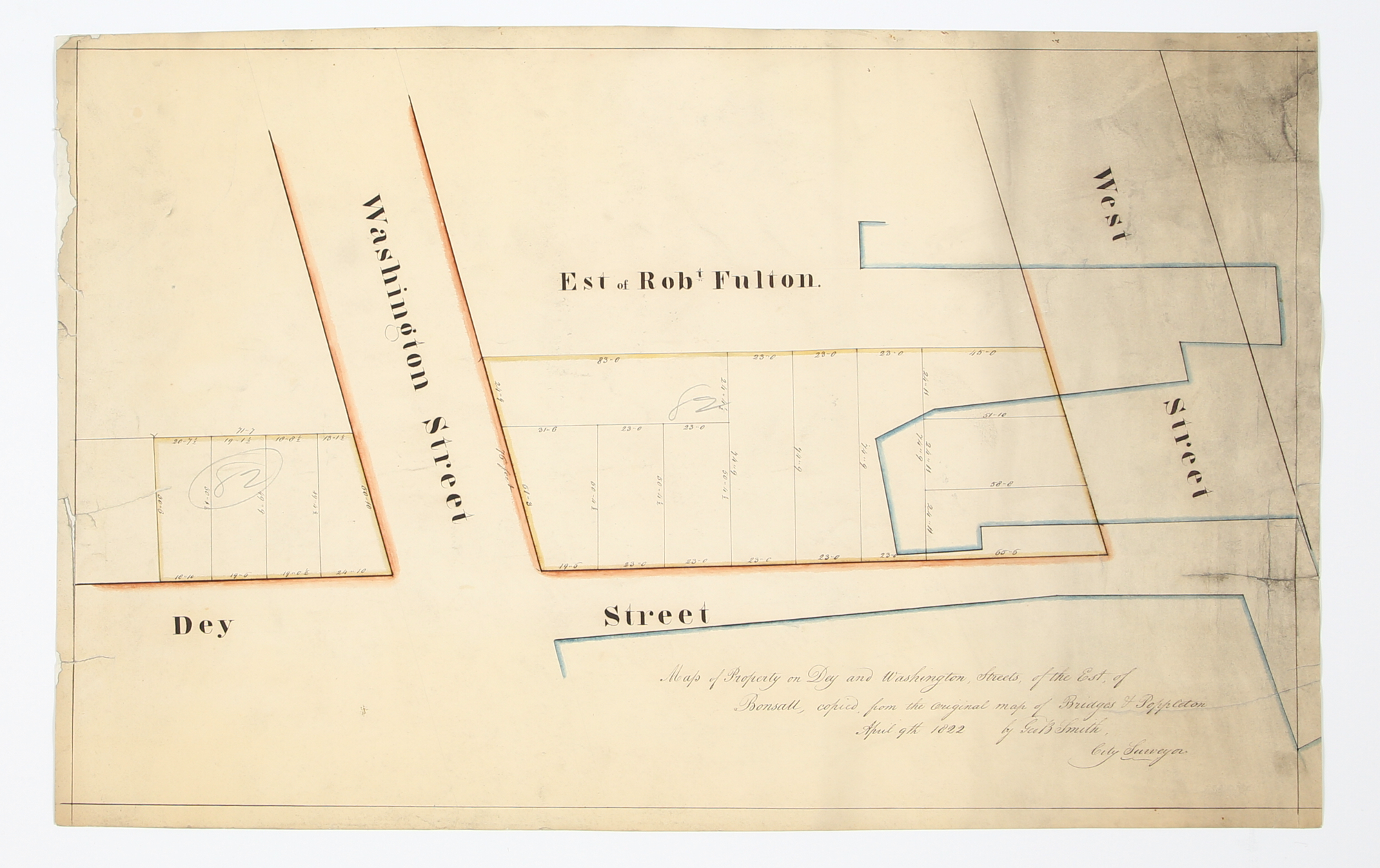 Lot image - [MAP - FINANCIAL DISTRICT]  SMITH, GEO[RGE] B.; after BRIDGES and POPPLETON. Map of Property on Dey and Washington Streets of the East of Bonsall...