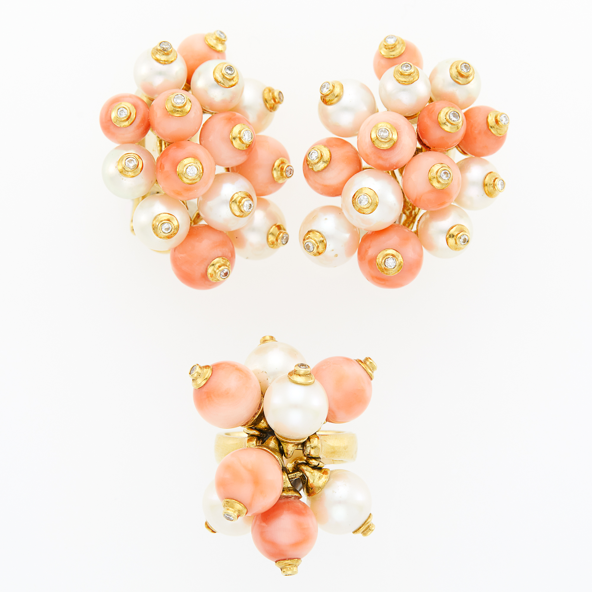 Lot image - Pair of Gold, Coral Bead, Cultured Pearl and Diamond Cluster Earclips and Fringe Ring