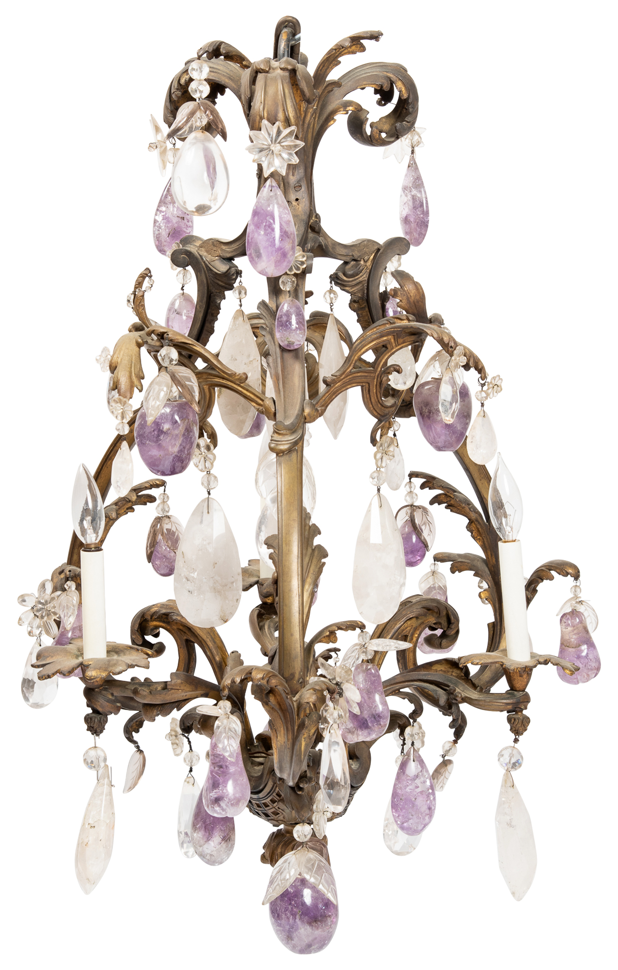 Lot image - Louis XV Style Gilt-Bronze and Rock Crystal Three-Light Chandelier