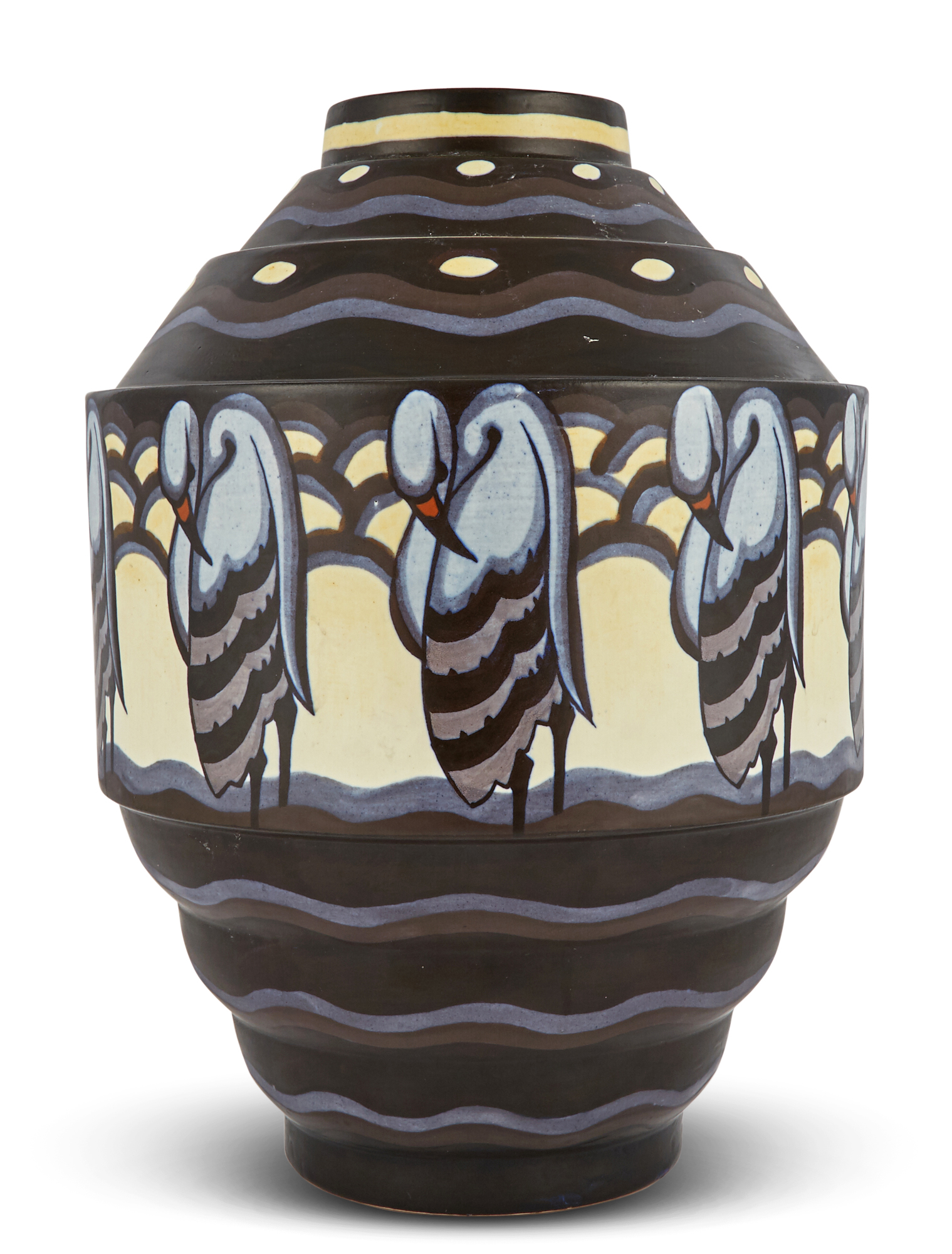 Lot image - Boch Frères Keramis Art Deco Enameled Earthenware Stork Vase