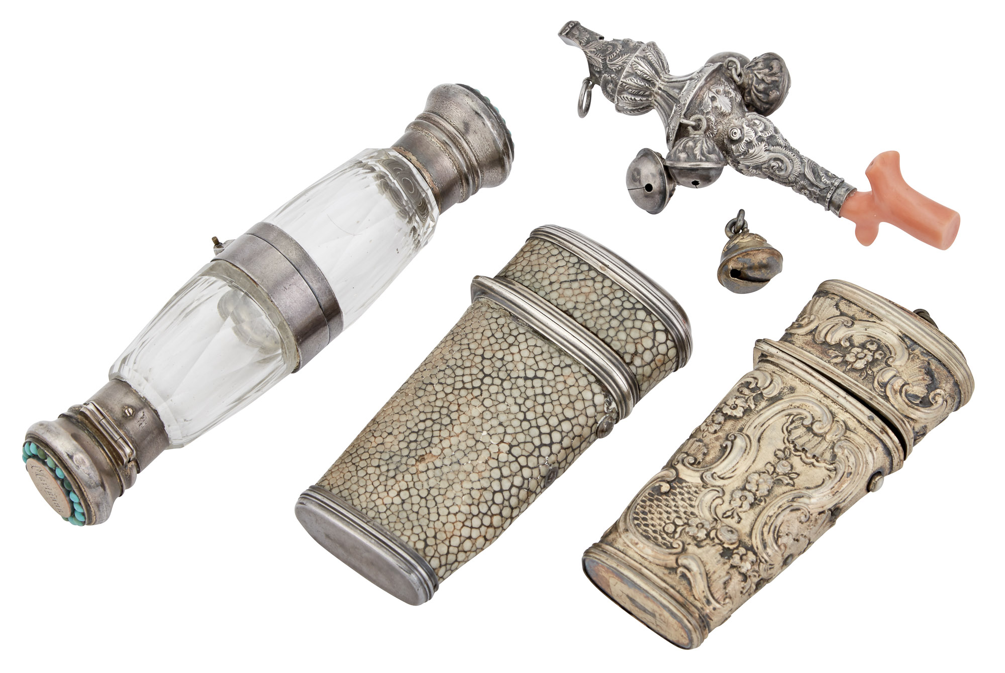 Lot image - Two Continental Silver Necessaires; Together with a Continental Silver Baby Rattle and a Continental Silver-Mounted Glass Scent Flask