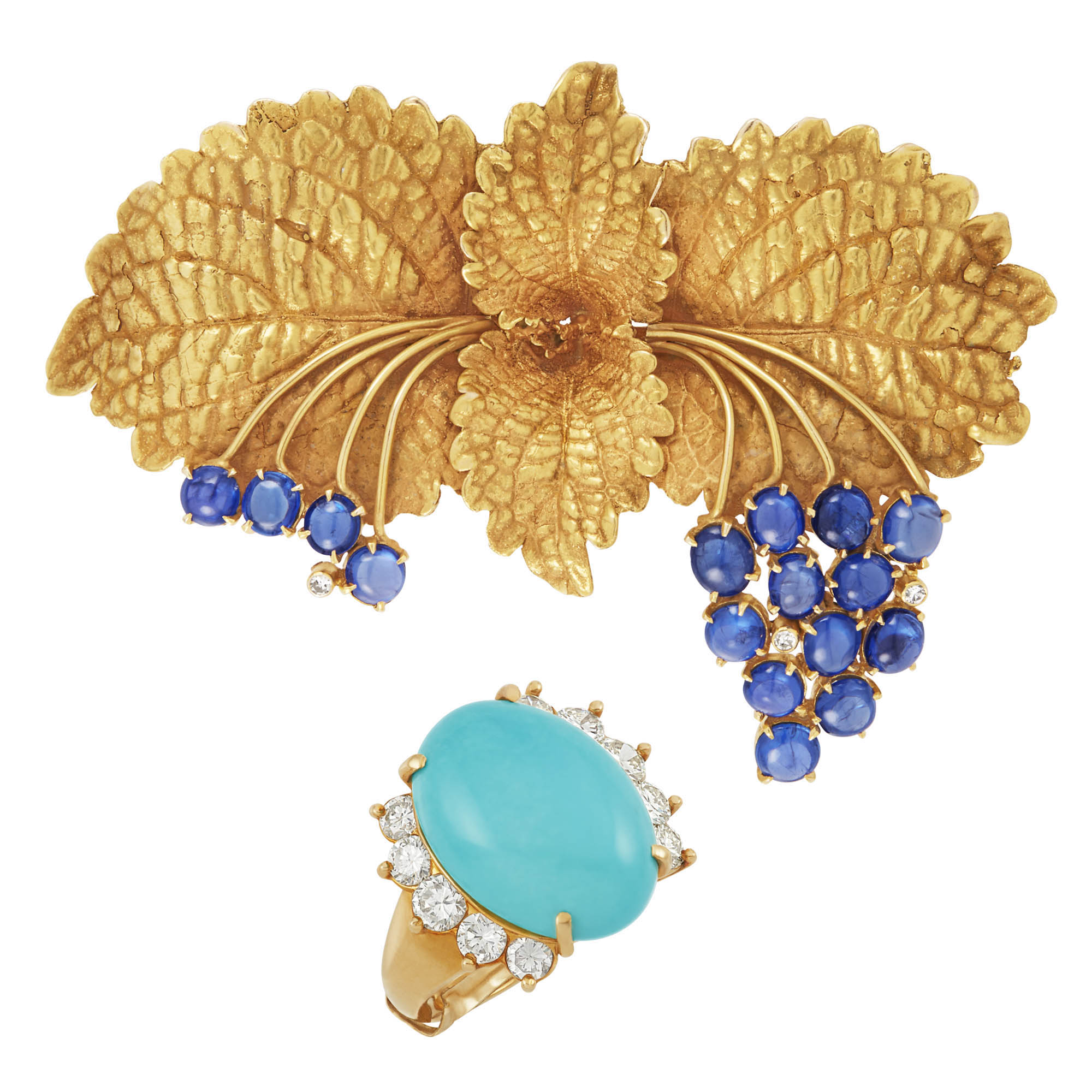 Lot image - Gold, Turquoise and Diamond Ring together with a Gold and Cabochon Sapphire Leaf Brooch