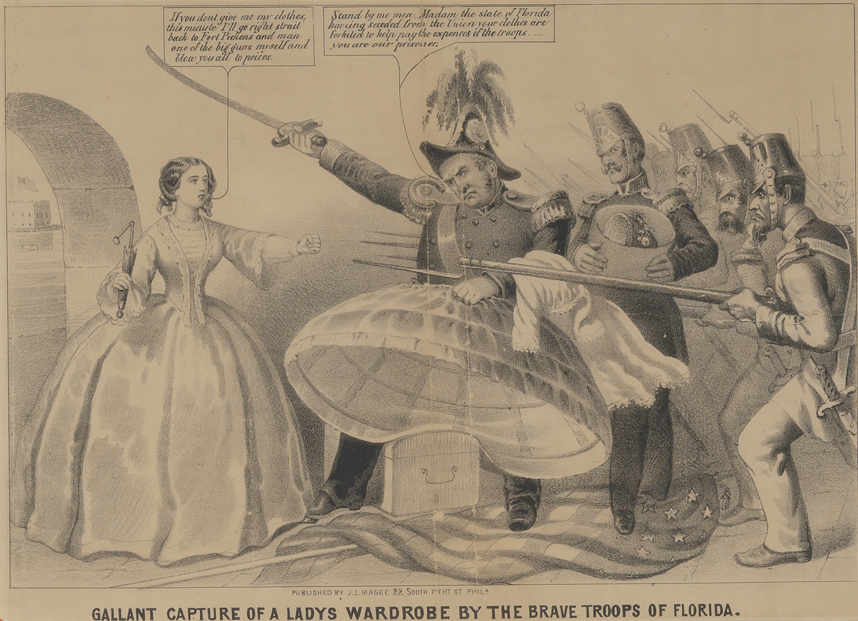 Lot image - [FLORIDA]  A group of seven framed pieces, including a cartoon, historical prints, views and a map, mostly of Florida interest.