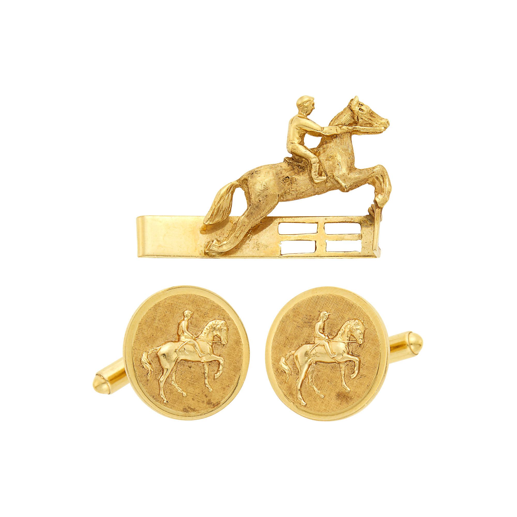 Lot image - Pair of Gold Equestian Cufflinks and Tie Clip