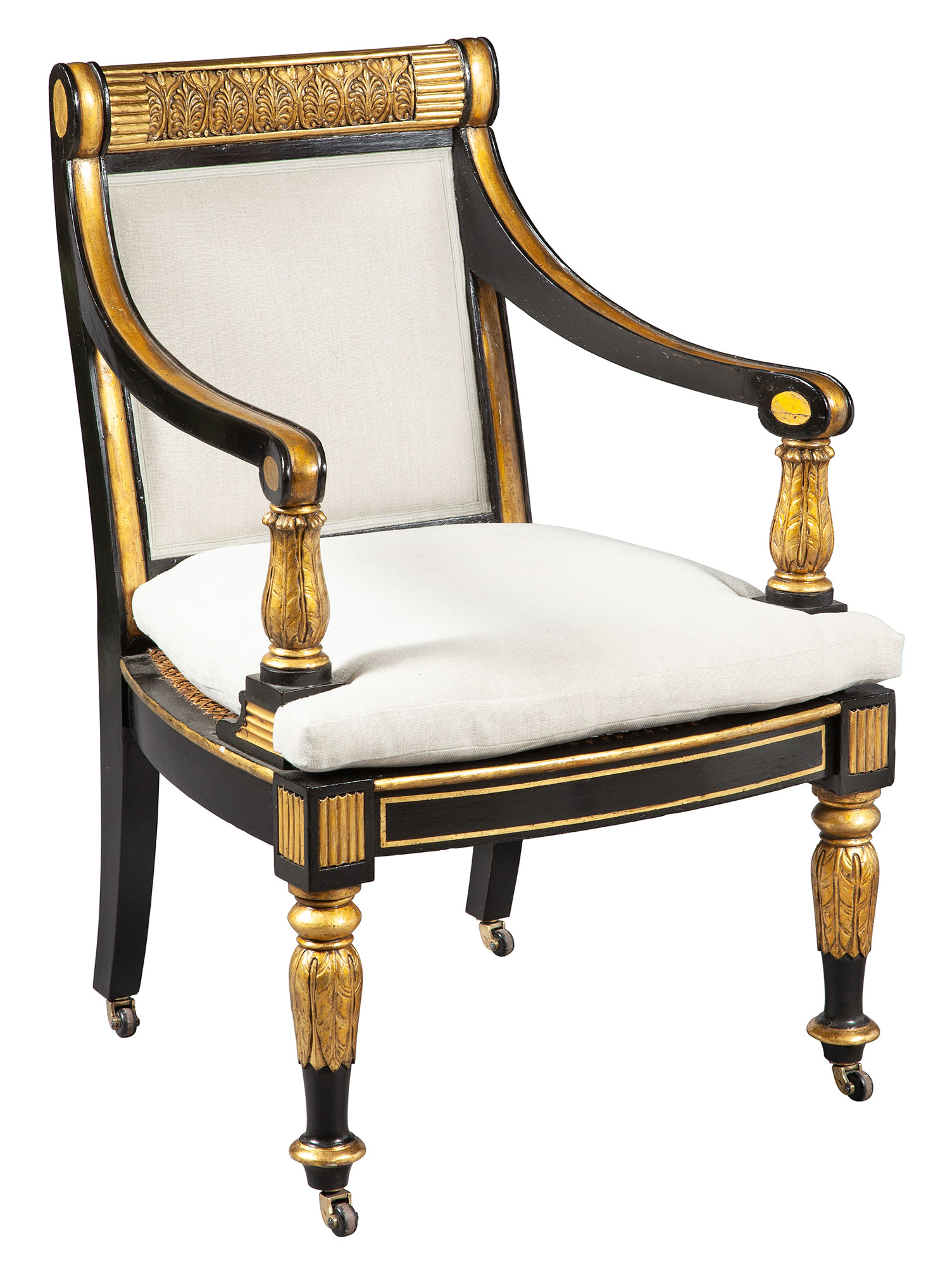 Lot image - George IV Ebonized and Parcel-Gilt Armchair in the manner of Morel and Hughes