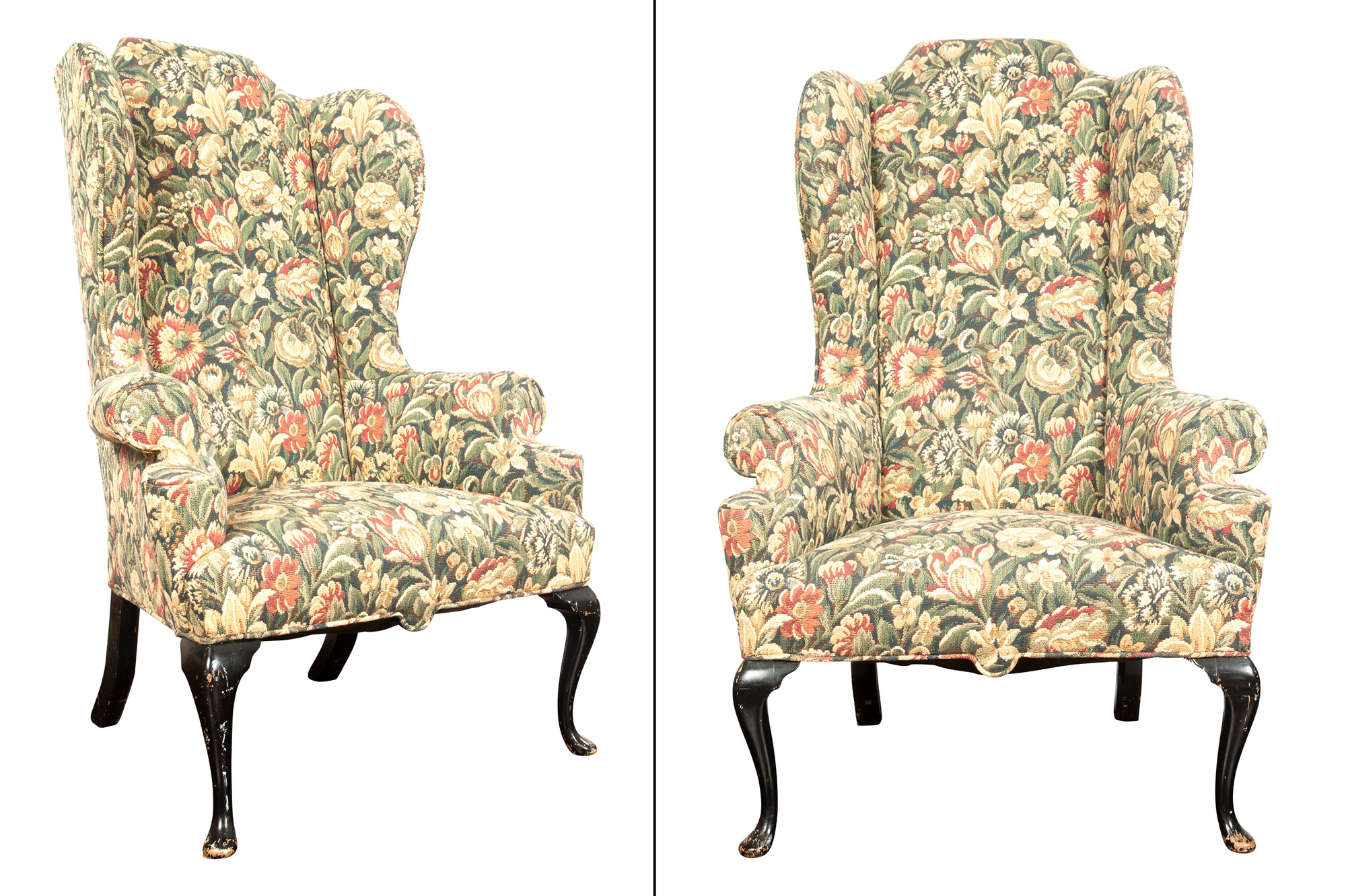 Lot image - Pair of Queen Anne Style Black-Painted and Scalamandé Fabric-Upholstered Wing Armchairs