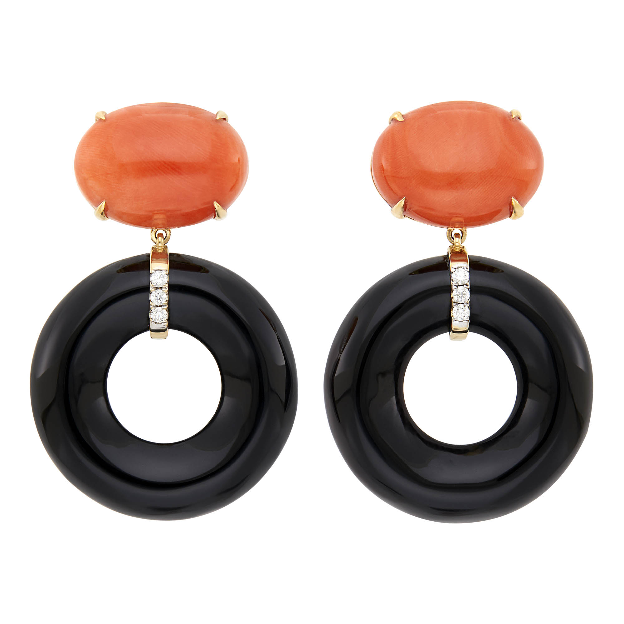 Lot image - Pair of Gold, Coral, Black Onyx and Diamond Pendant-Earclips