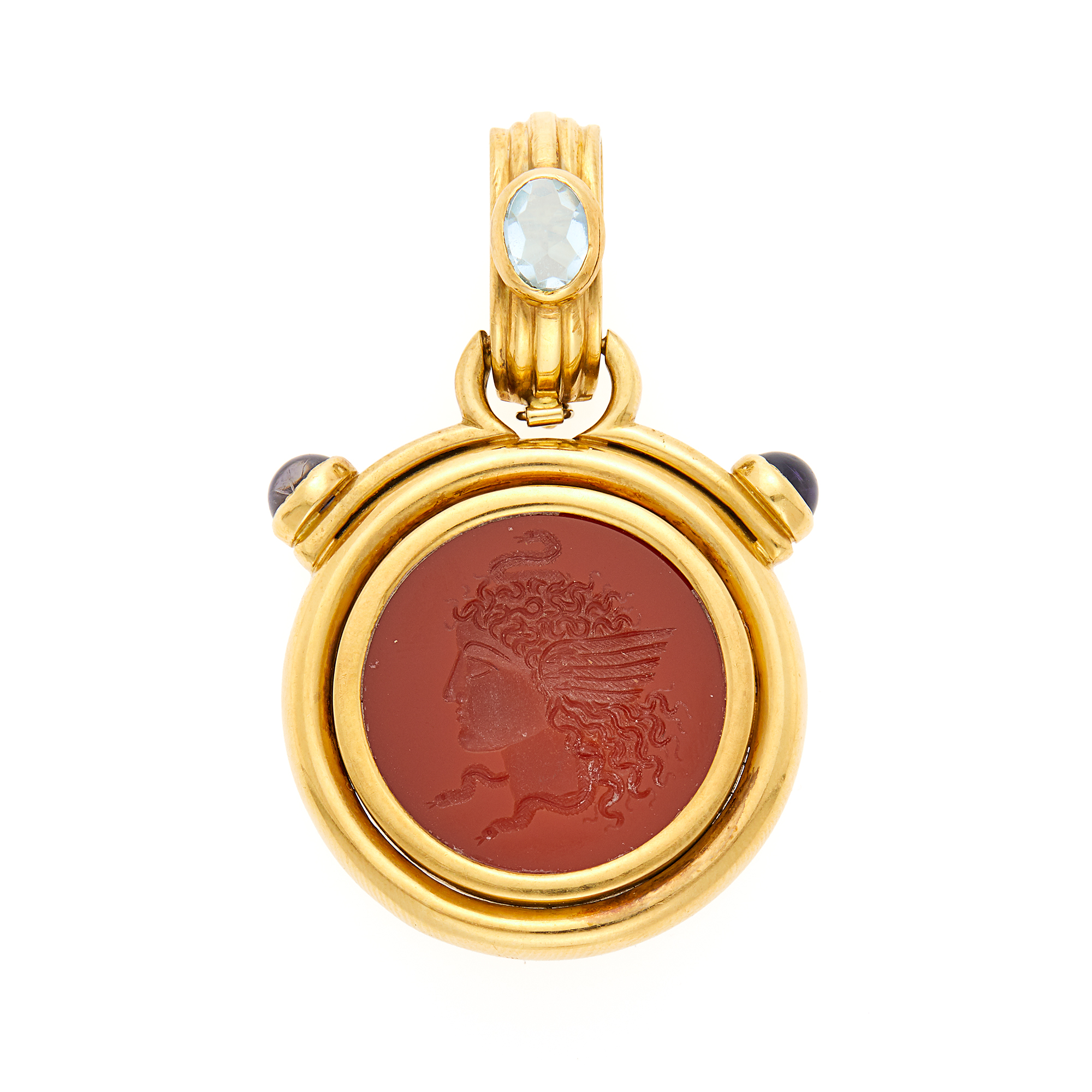 Lot image - Gold, Carnelian and Reverse Citrine Medusa Intaglio, Cabochon Iolite and Blue Topaz Reversible Enhancer