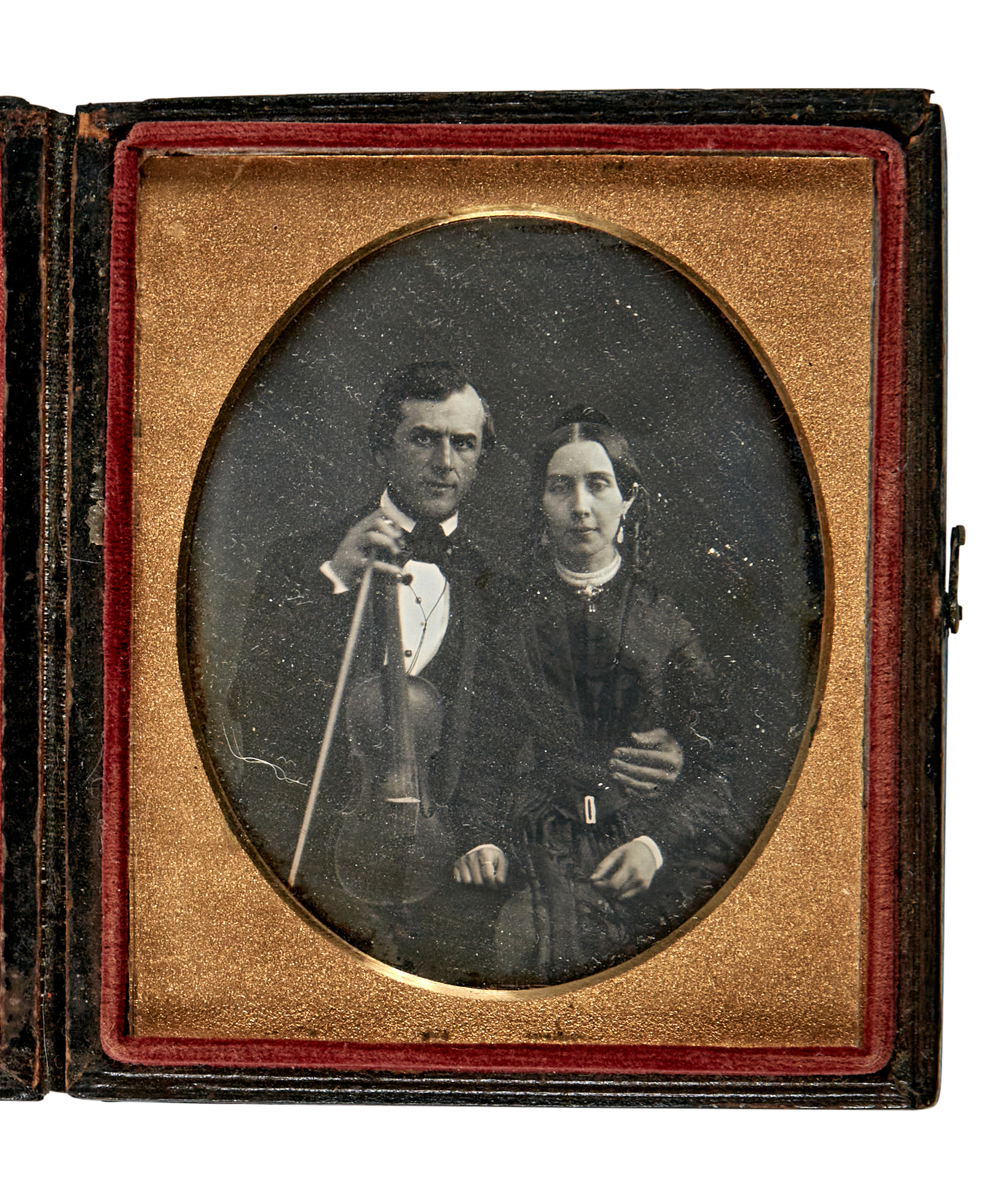 Lot image - [DAGUERREOTYPE-MUSICIANS]  Daguerreotype of a violinist and his wife.
