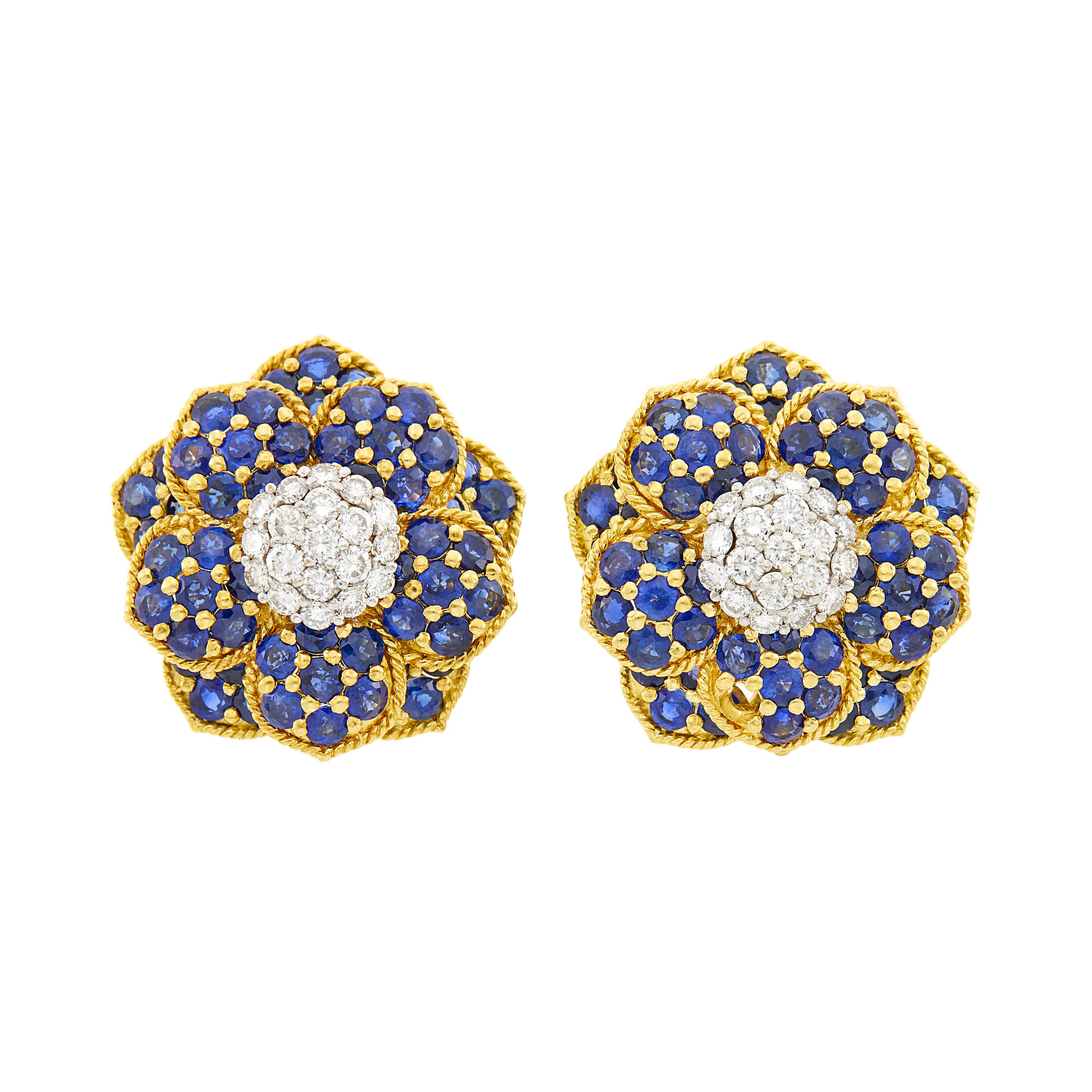 Lot image - Pair of Two-Color Gold, Diamond and Sapphire Flower Earrings